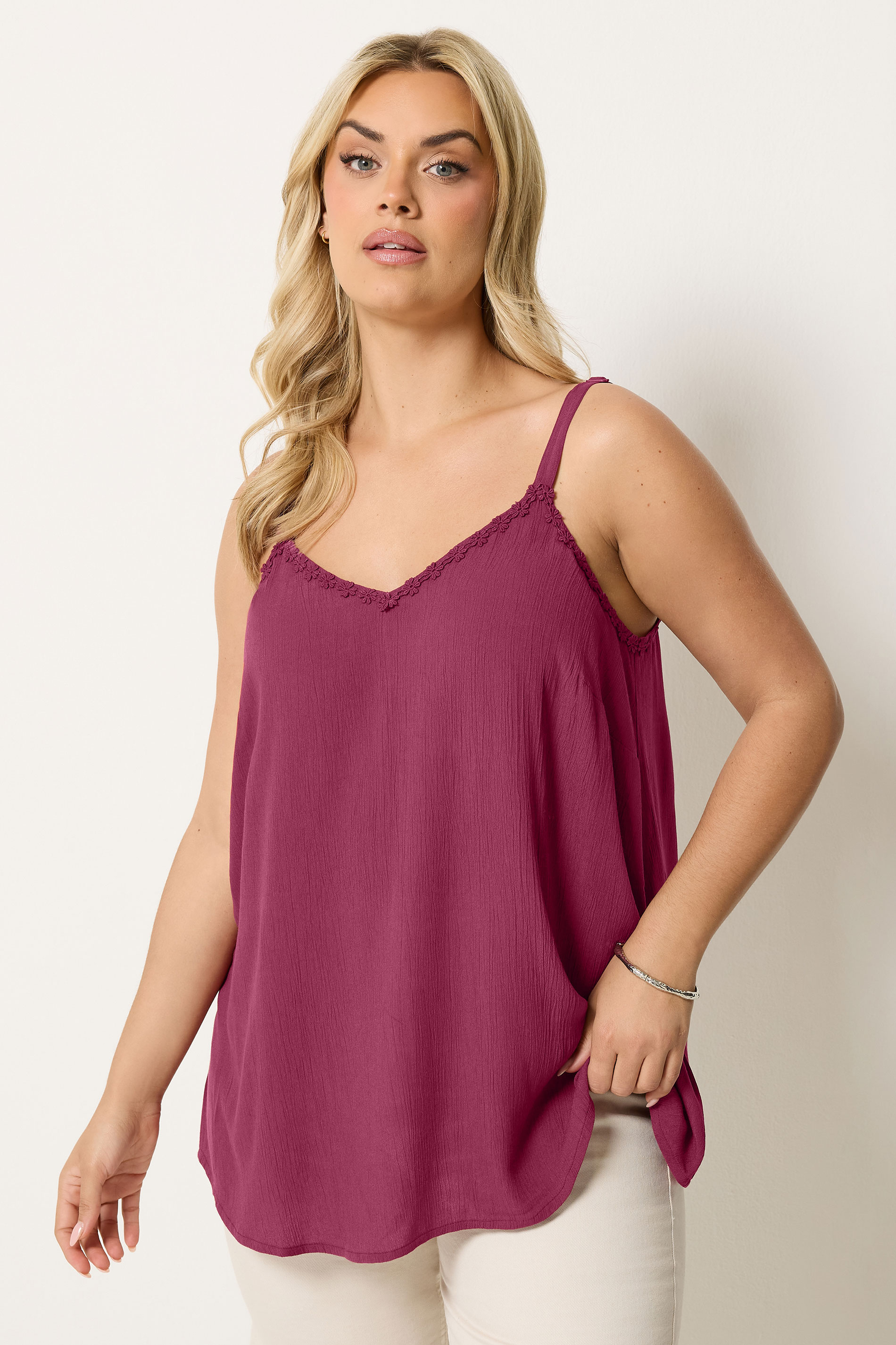 YOURS Plus Size Red Embroidered Floral Trim Vest Top | Yours Clothing 3