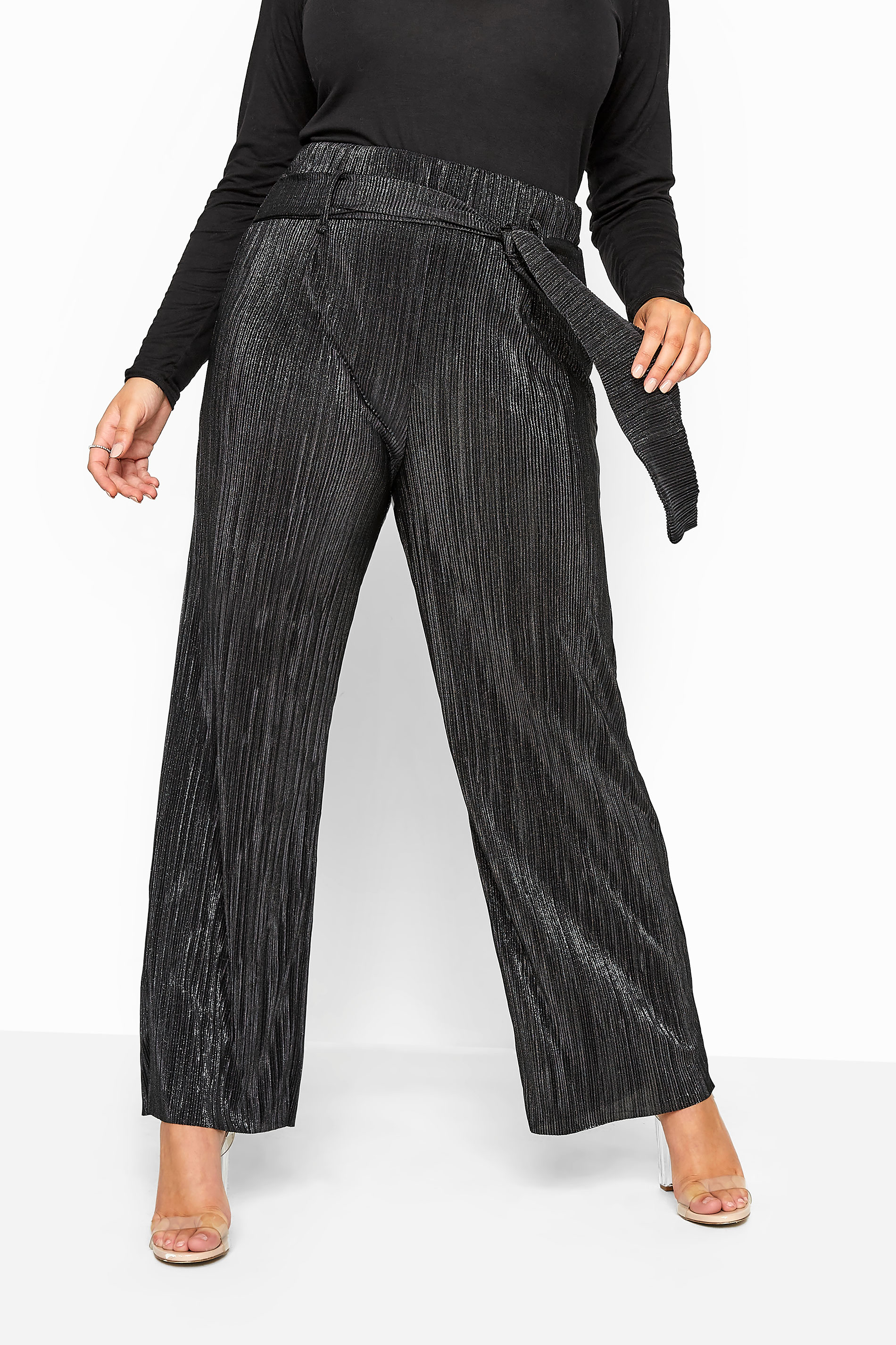 Black Glitter Plisse Wide Leg Trousers 