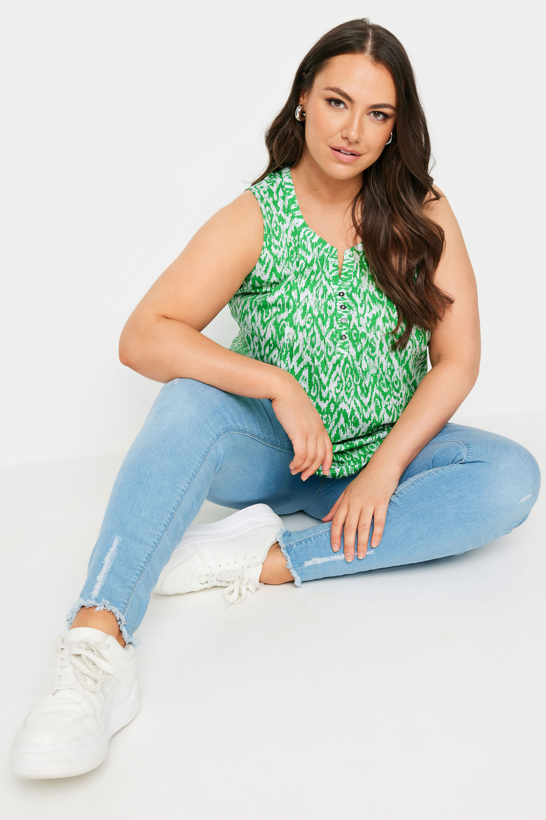 YOURS Plus Size Green Ikat Print Pintuck Henley Vest Top | Yours Clothing 2