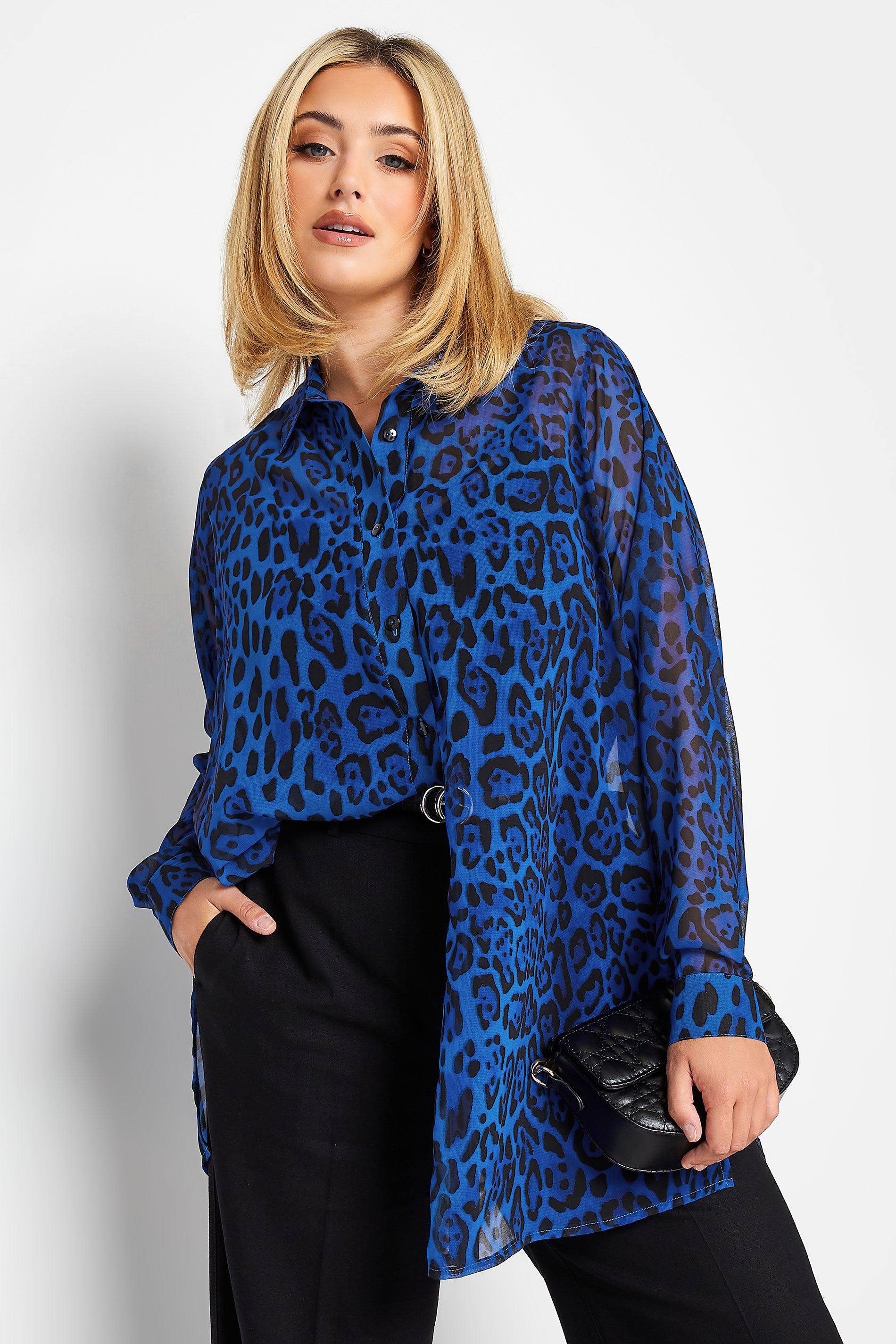 YOURS LONDON Curve Plus Size Cobalt Blue Leopard Print Shirt | Yours Clothing 2