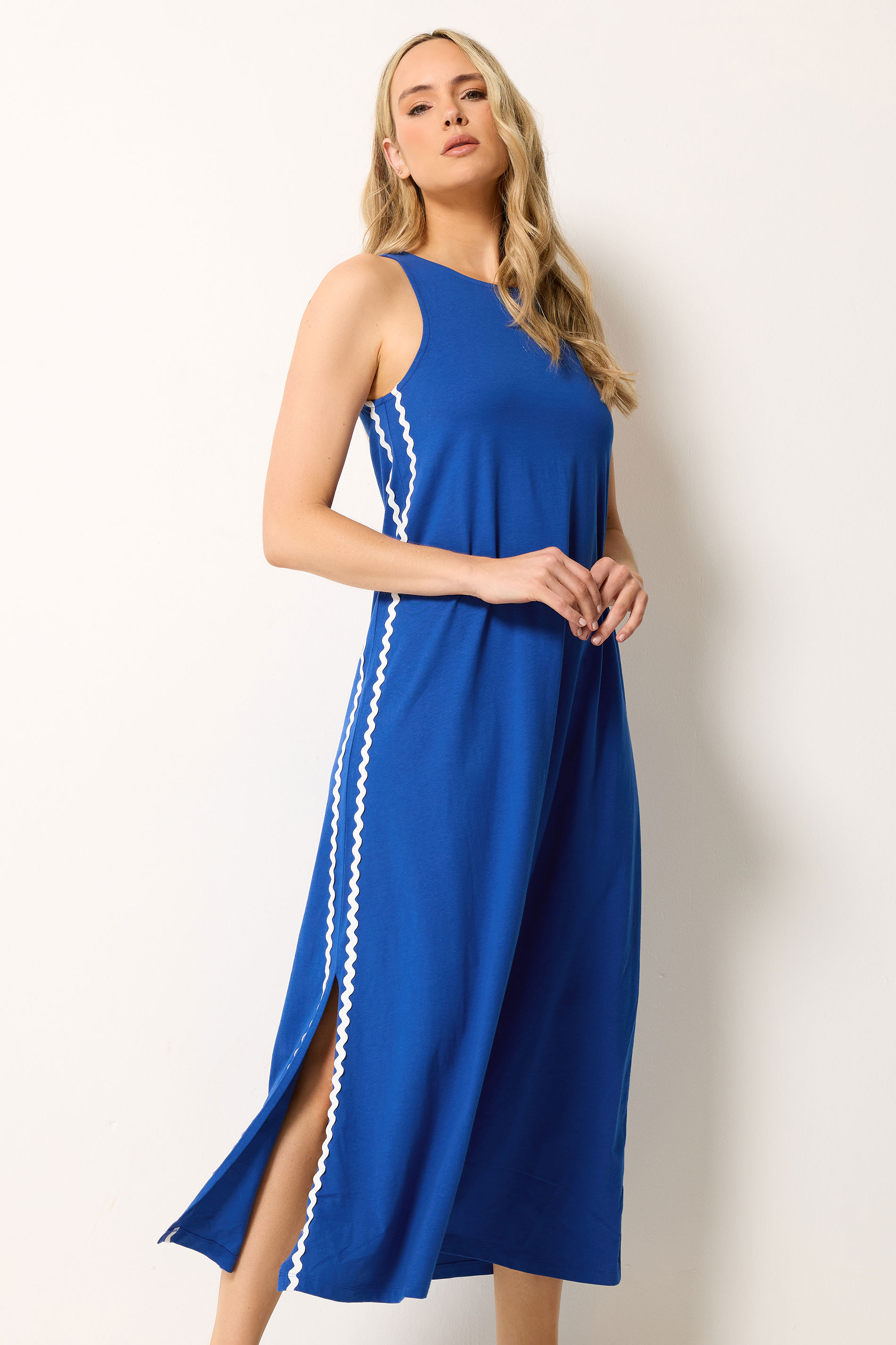 LTS Tall Women's Blue Swirl Trim Cotton Sleeveless Midi Dress | Long tall Sally 3