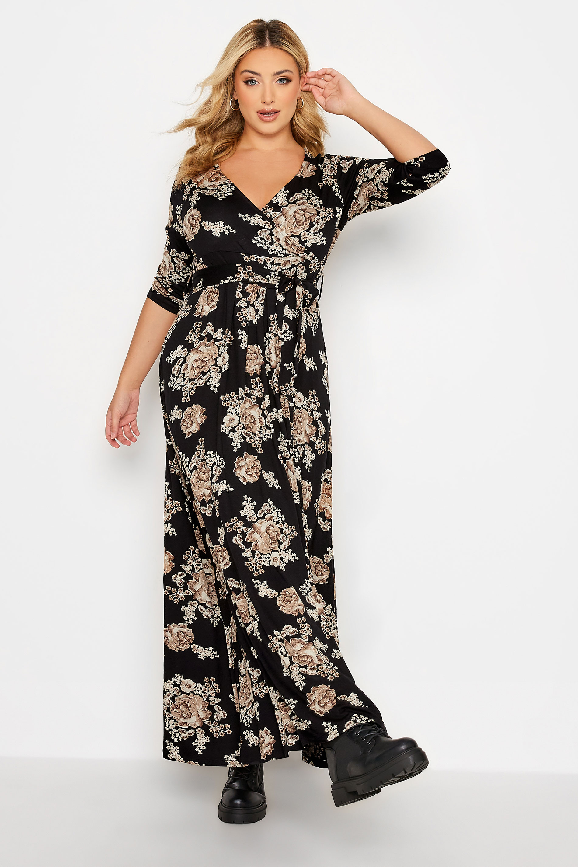 Plus Size Black Floral V-Neck Maxi Dress | Yours Clothing 1