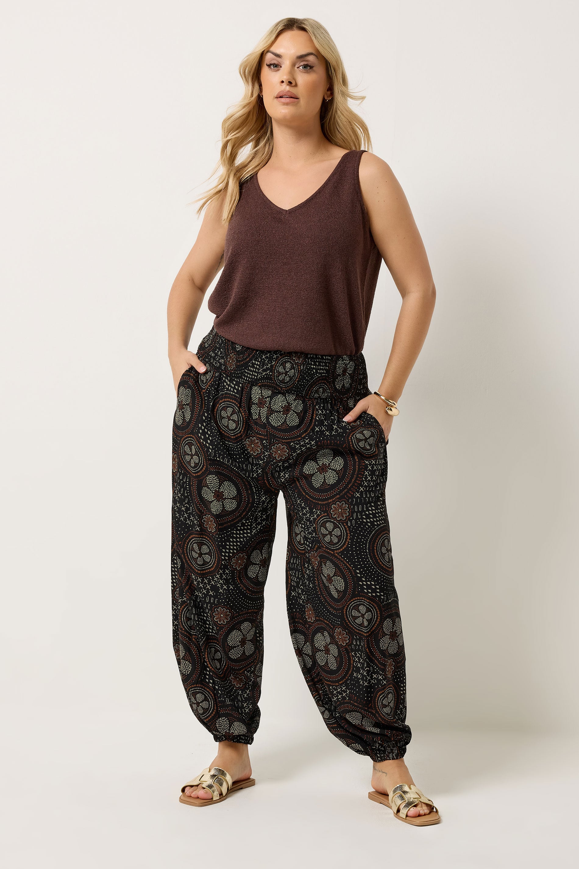 YOURS Plus Size Black Abstract Floral Balloon Trousers | Yours Clothing 1