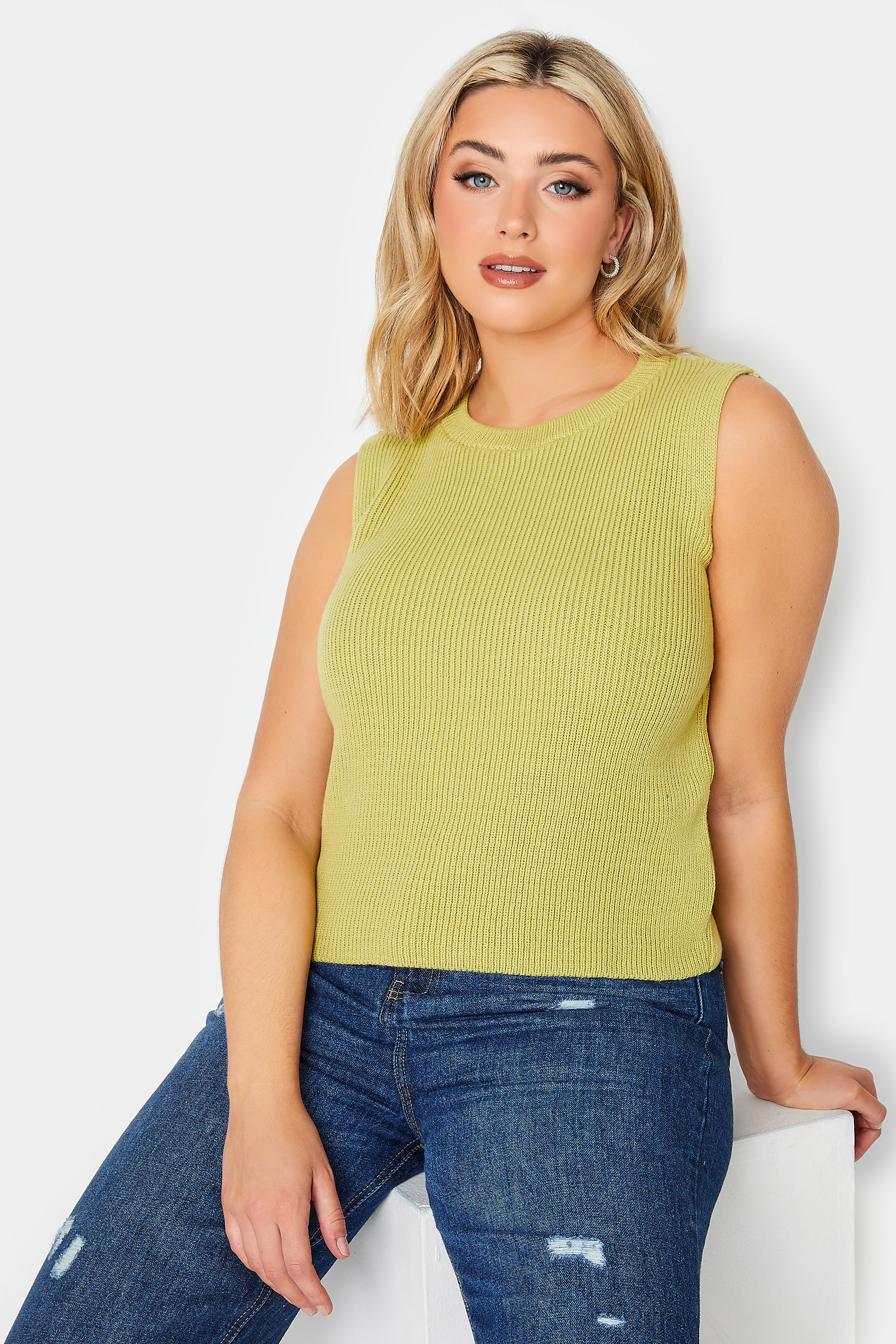 YOURS PETITE Plus Size Lime Green High Neck Knitted Vest Top | Yours Clothing 1