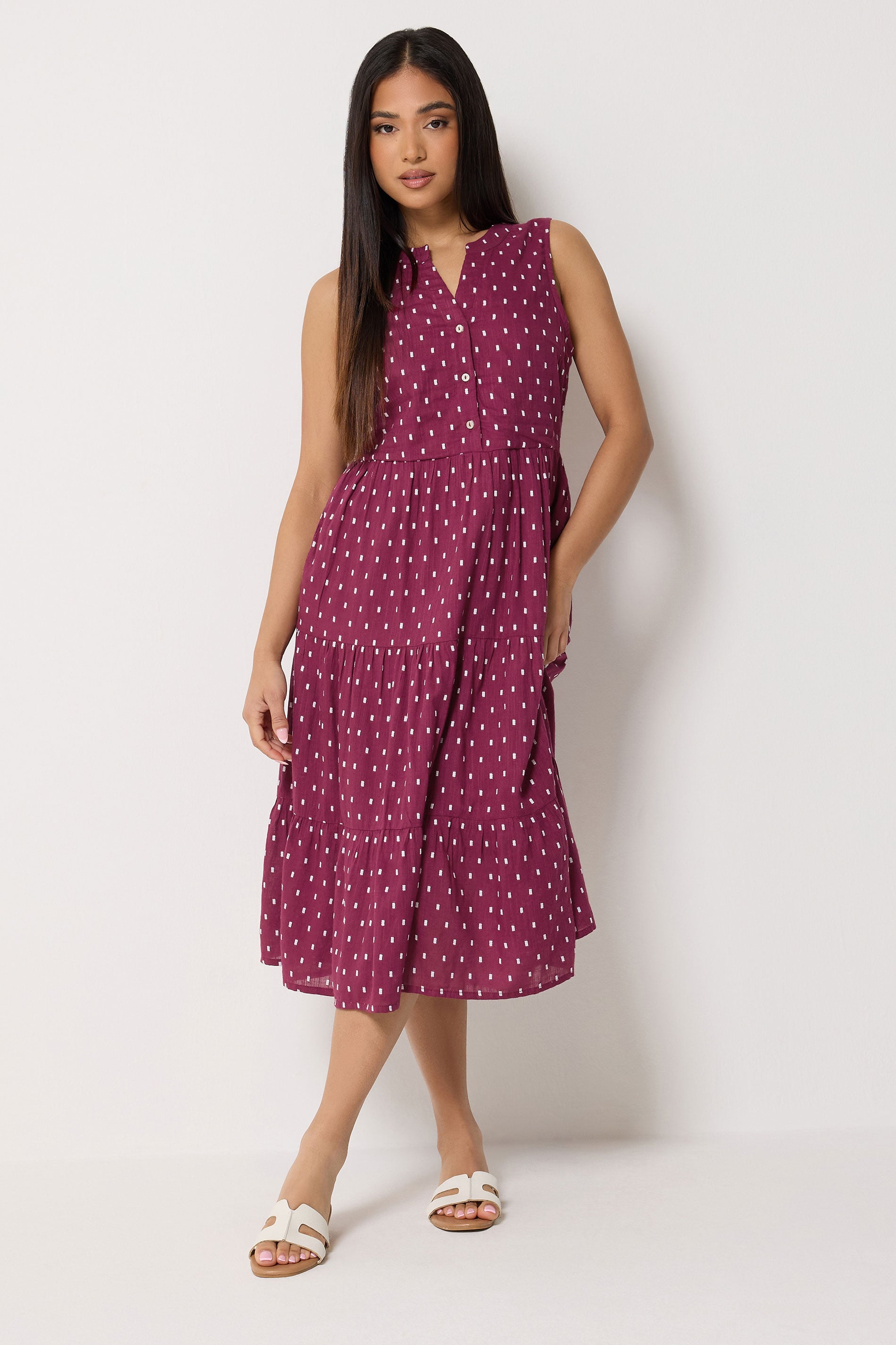 M&Co Petite Berry Red Dobby Tiered Cotton Midi Dress | M&Co 1