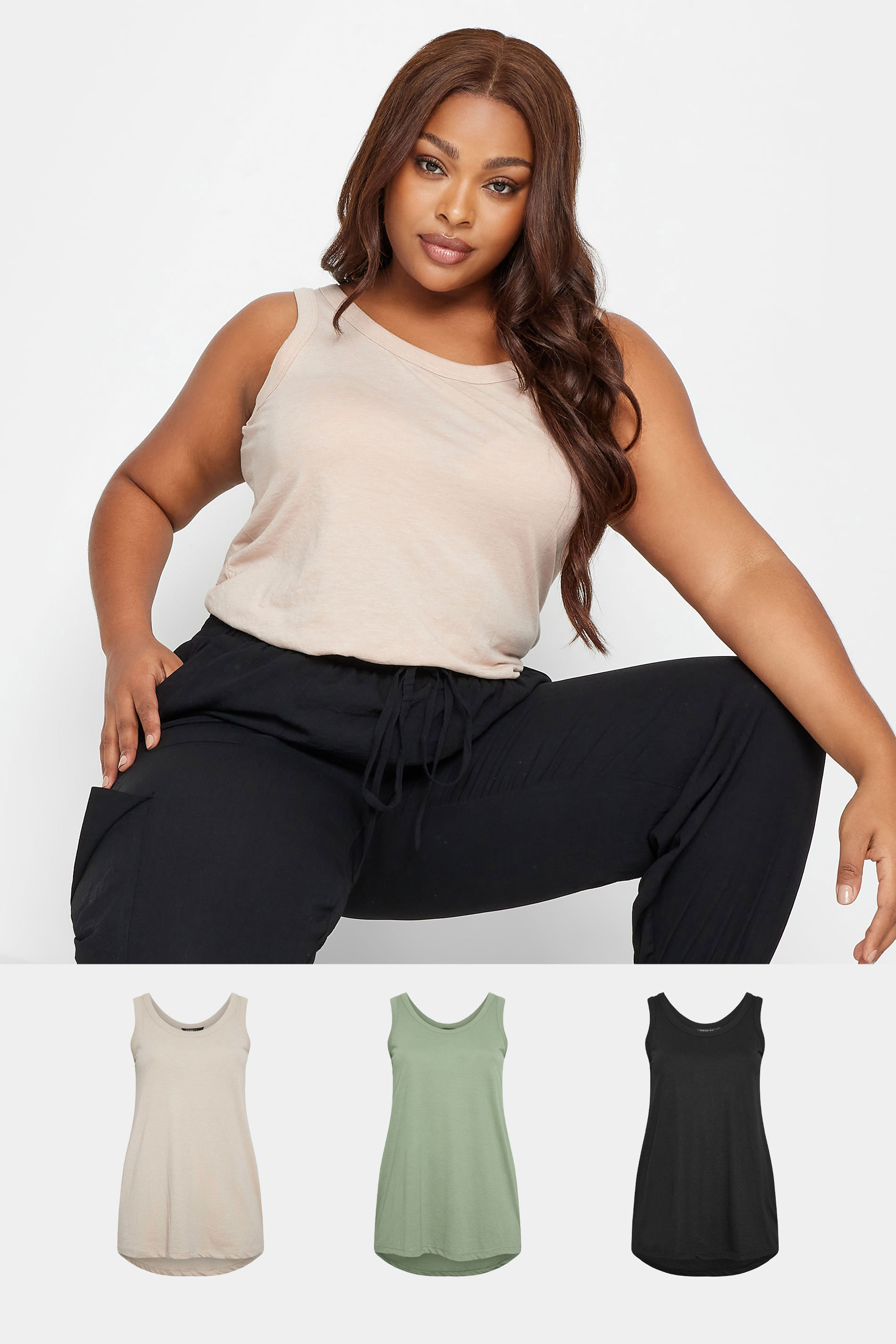 YOURS Plus Size 3 PACK Black & Green Essential Vest Tops | Yours Clothing  1