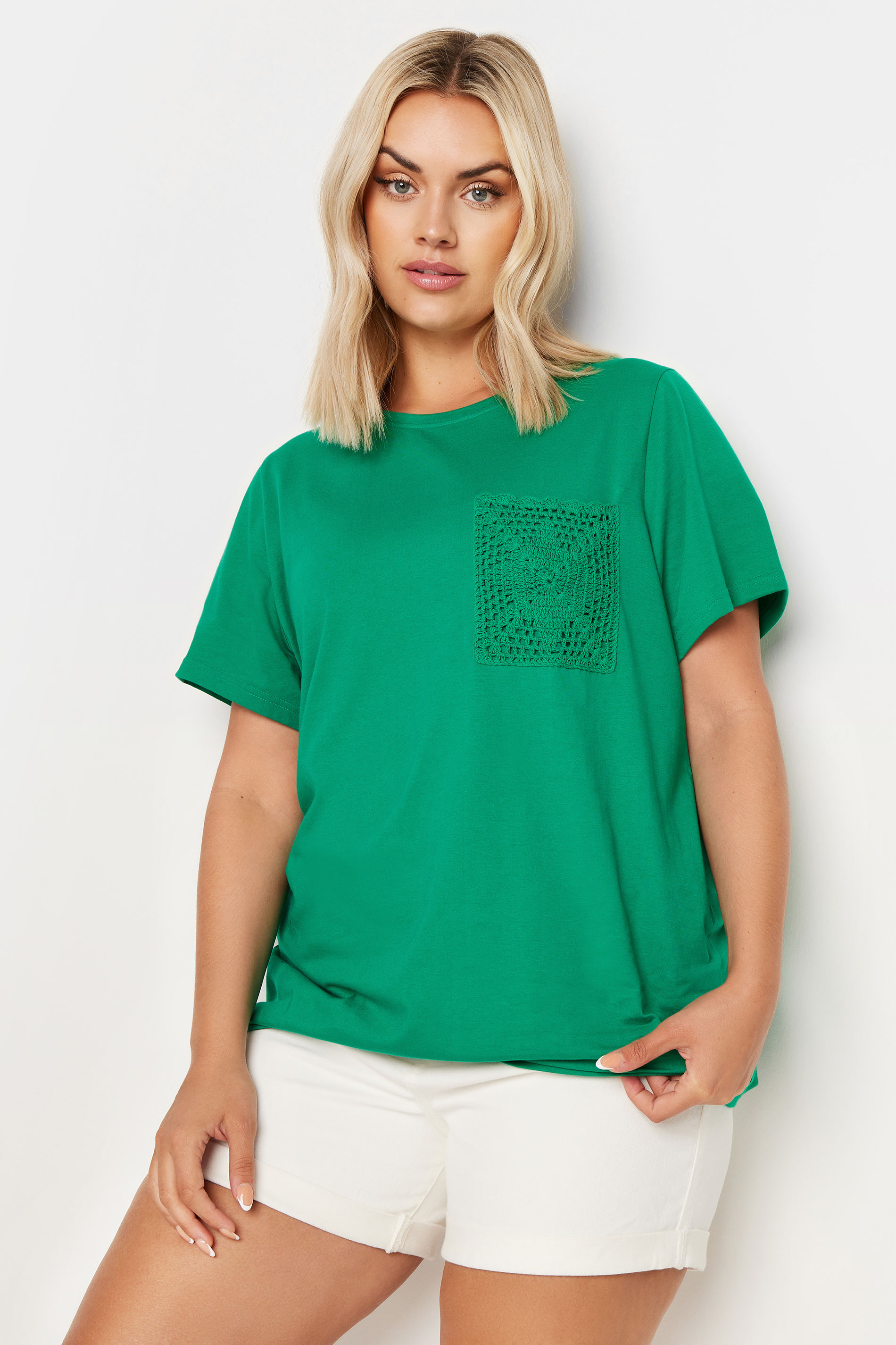 YOURS Plus Size Green Crochet Pocket T-Shirt | Yours Clothing 2