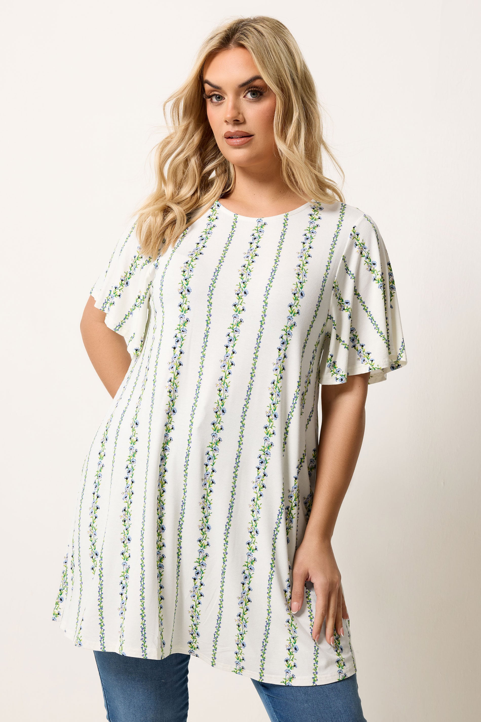 YOURS Plus Size White Floral Stripe Tunic Top | Yours Clothing 3