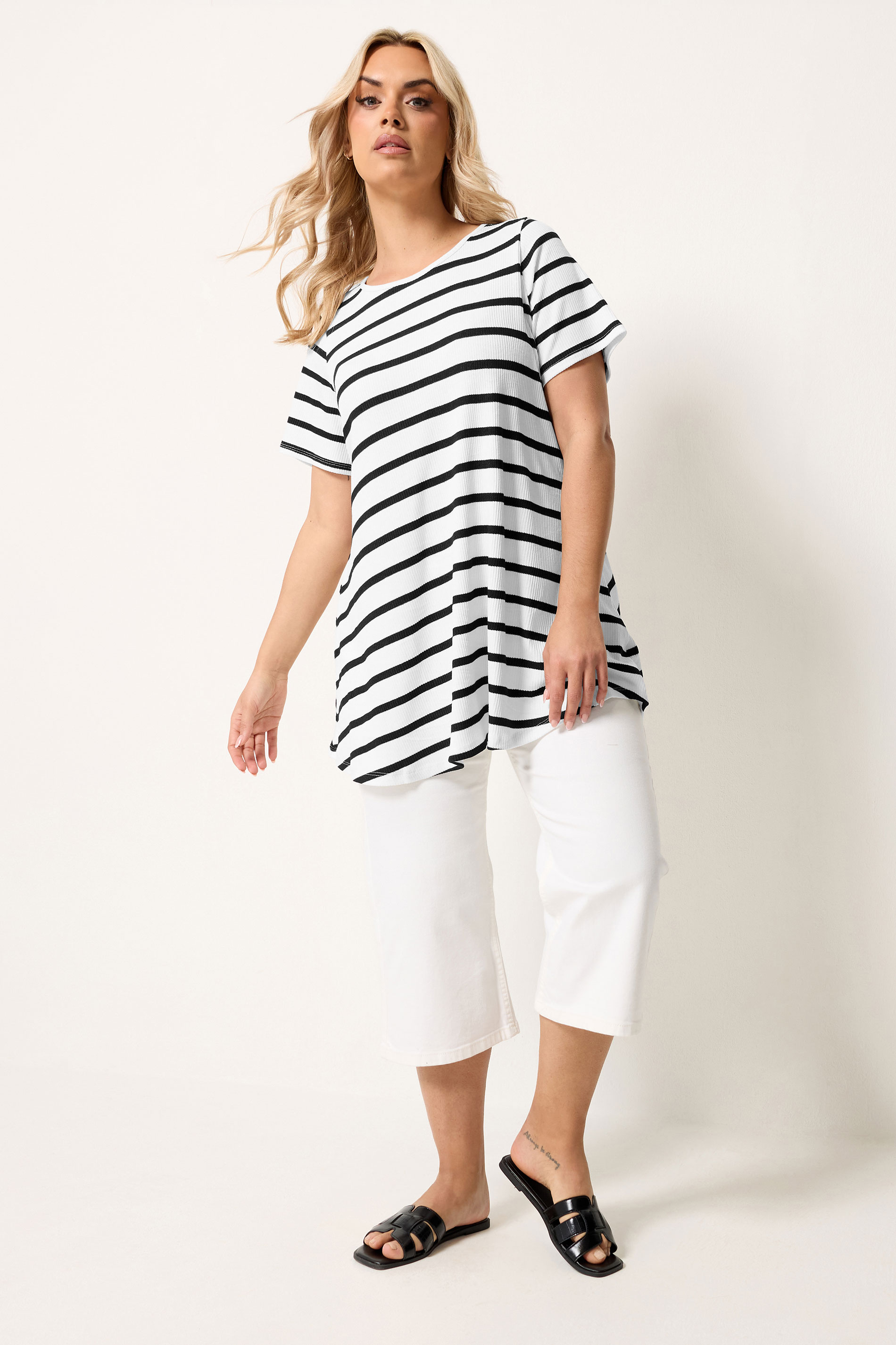 Yours Plus Size Black Ribbed Stripe Swing T-Shirt | Yours Clothing 1