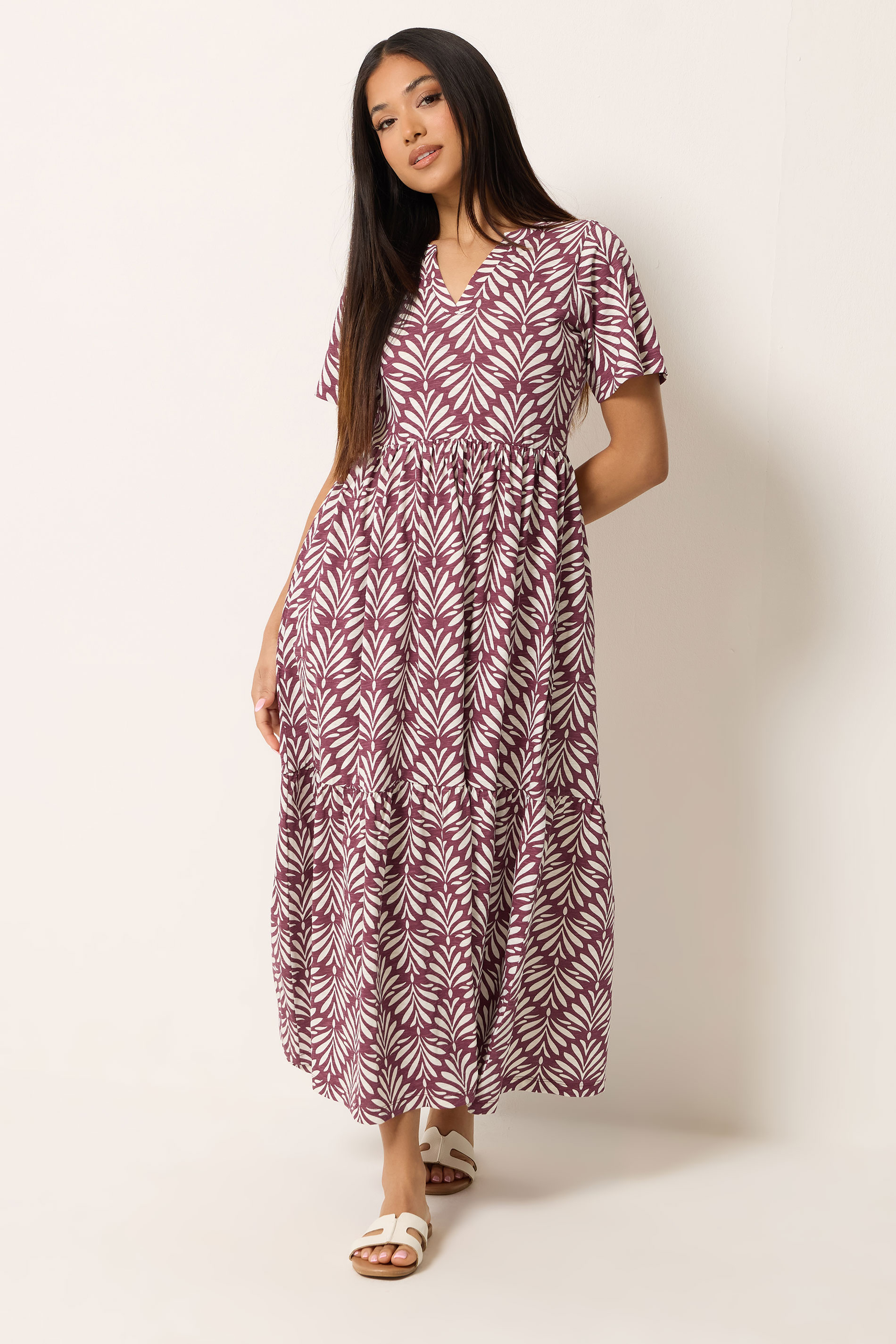 M&Co Petite Berry Red Leaf Print Cotton Maxi Dress | M&Co 1