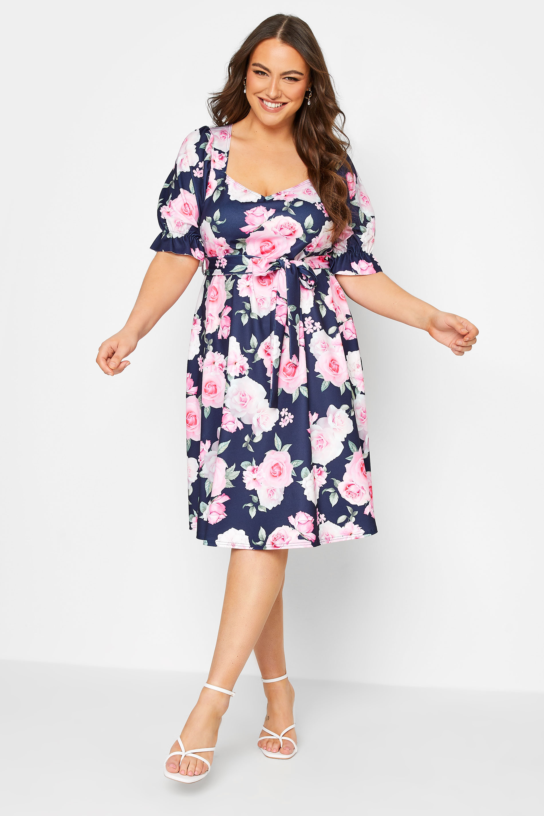 YOURS LONDON Curve Navy Blue Floral Print Puff Sleeve Dress | Yours Clothing 1