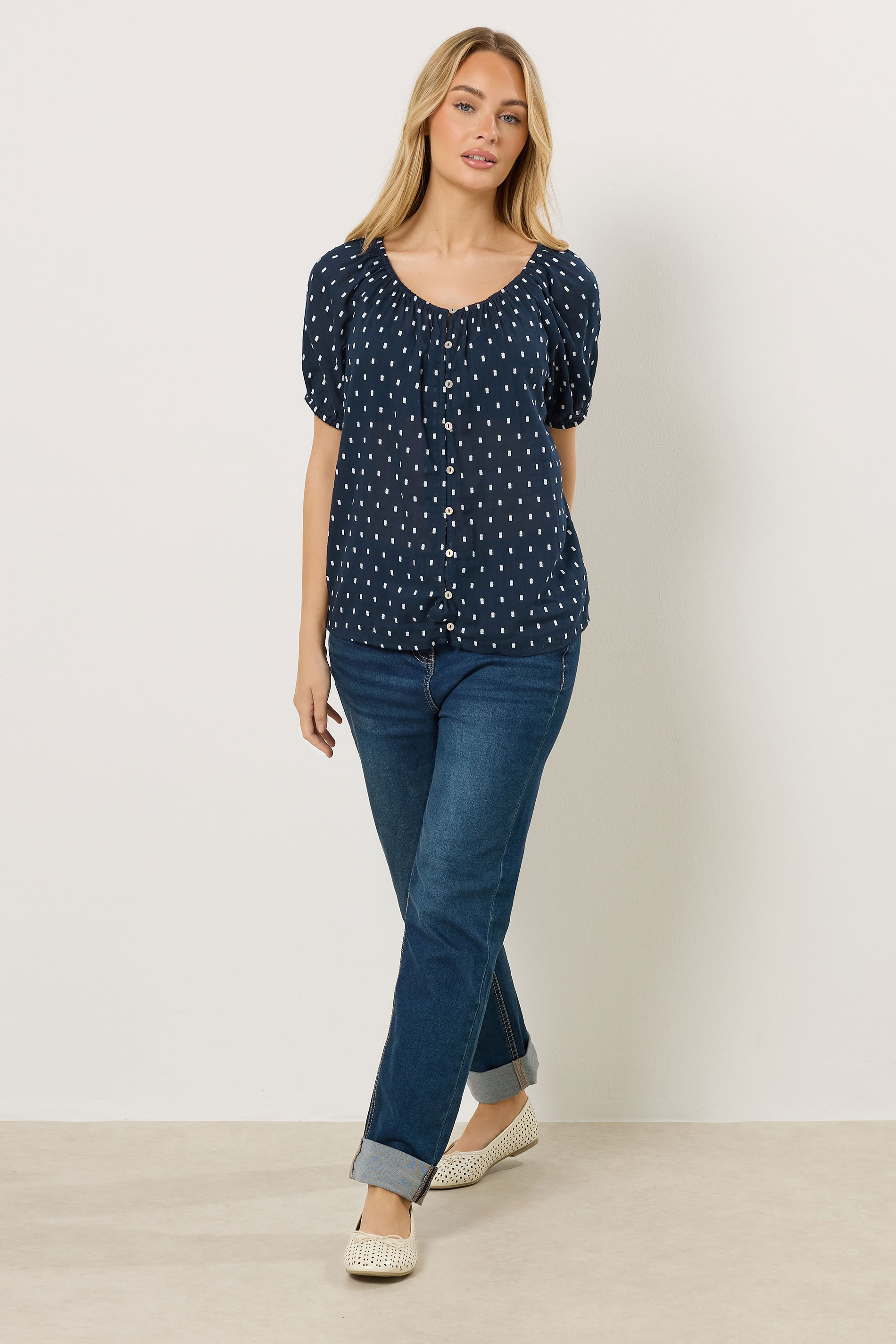 M&Co Navy Blue Dobby Button Up Cotton Blouse | M&Co 2