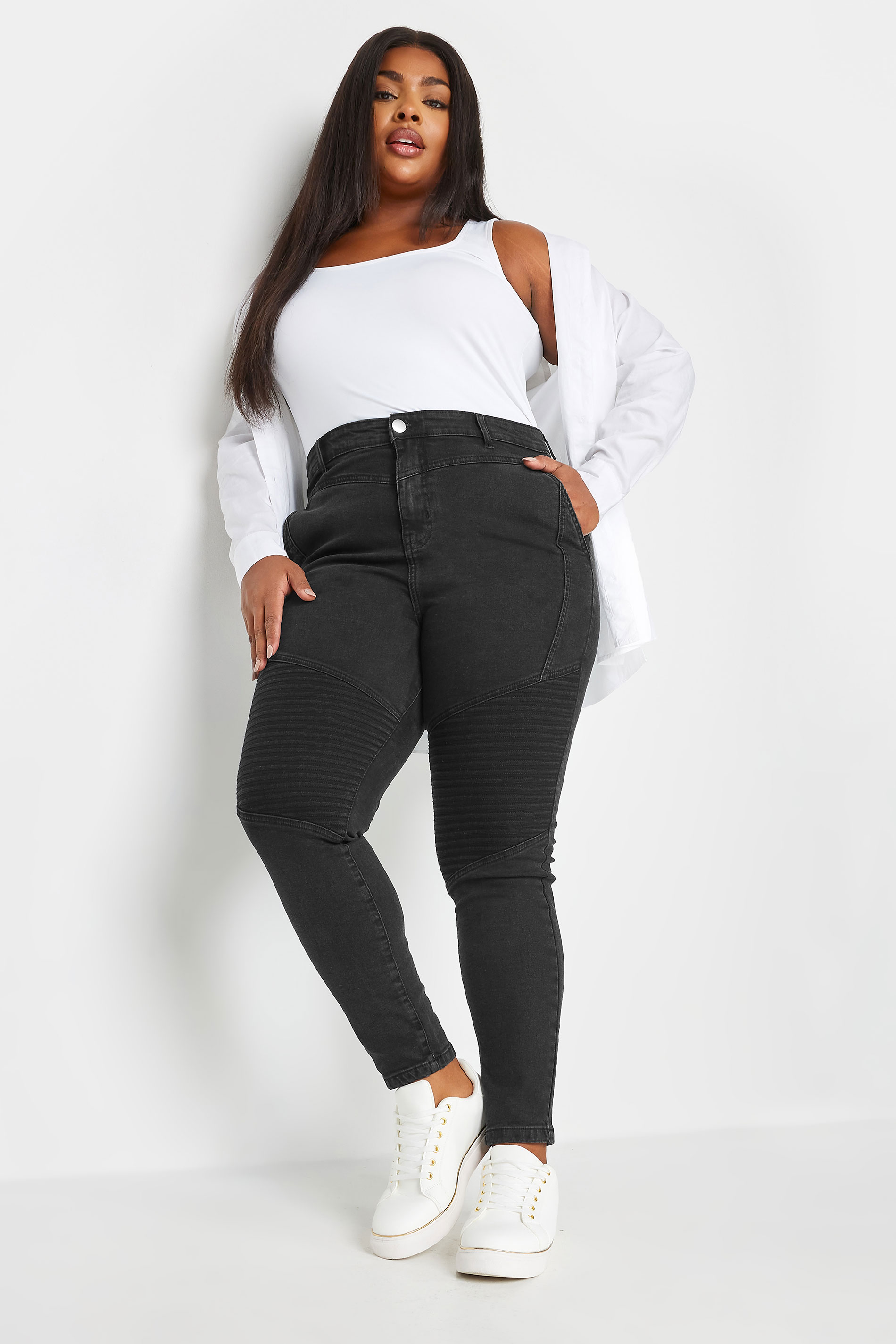 YOURS Plus Size Black Skinny AVA Biker Jeans | Yours Clothing 3