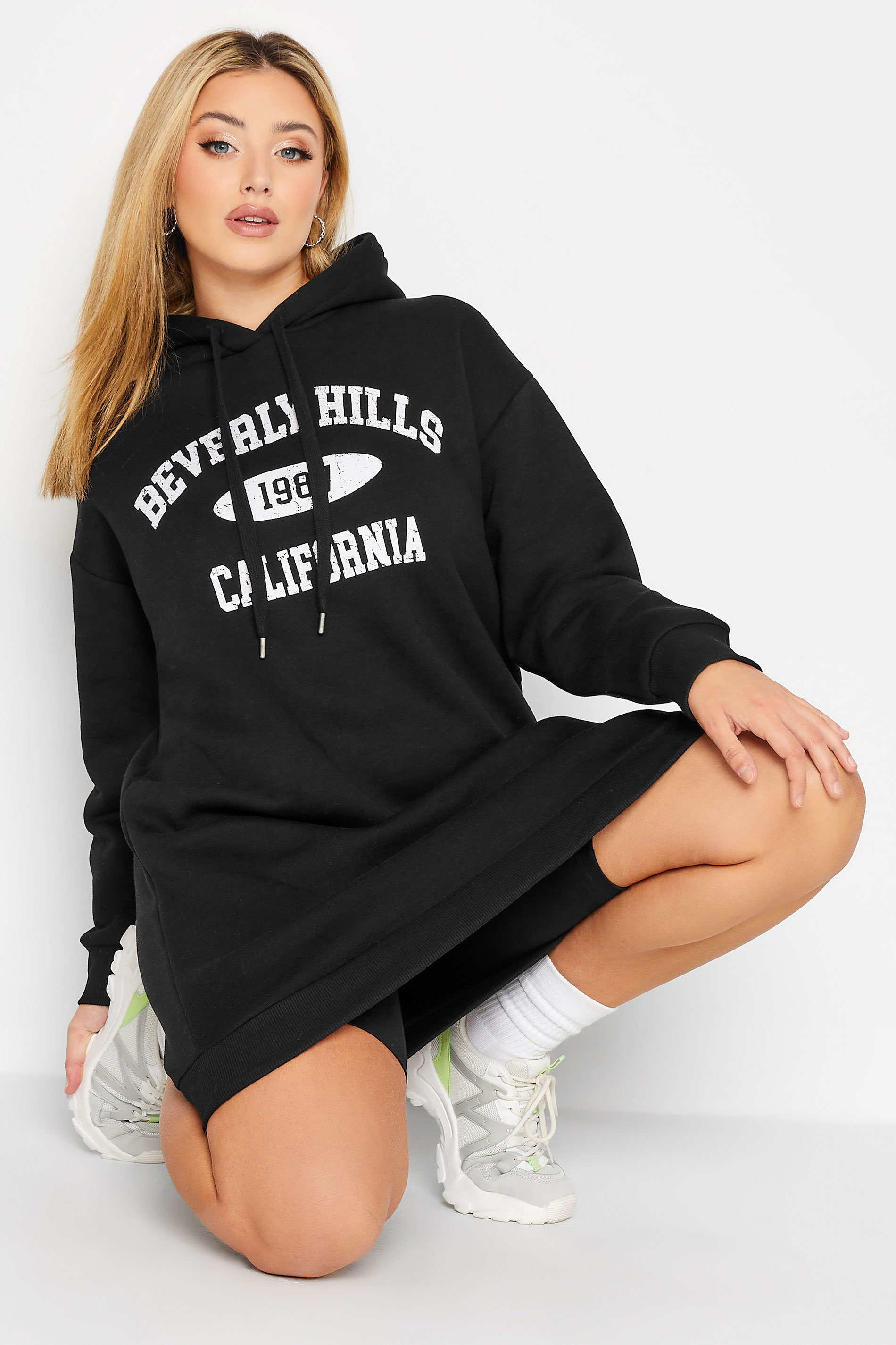 Plus Size Black 'Beverly Hills' Slogan Hoodie Dress | Yours Clothing 2
