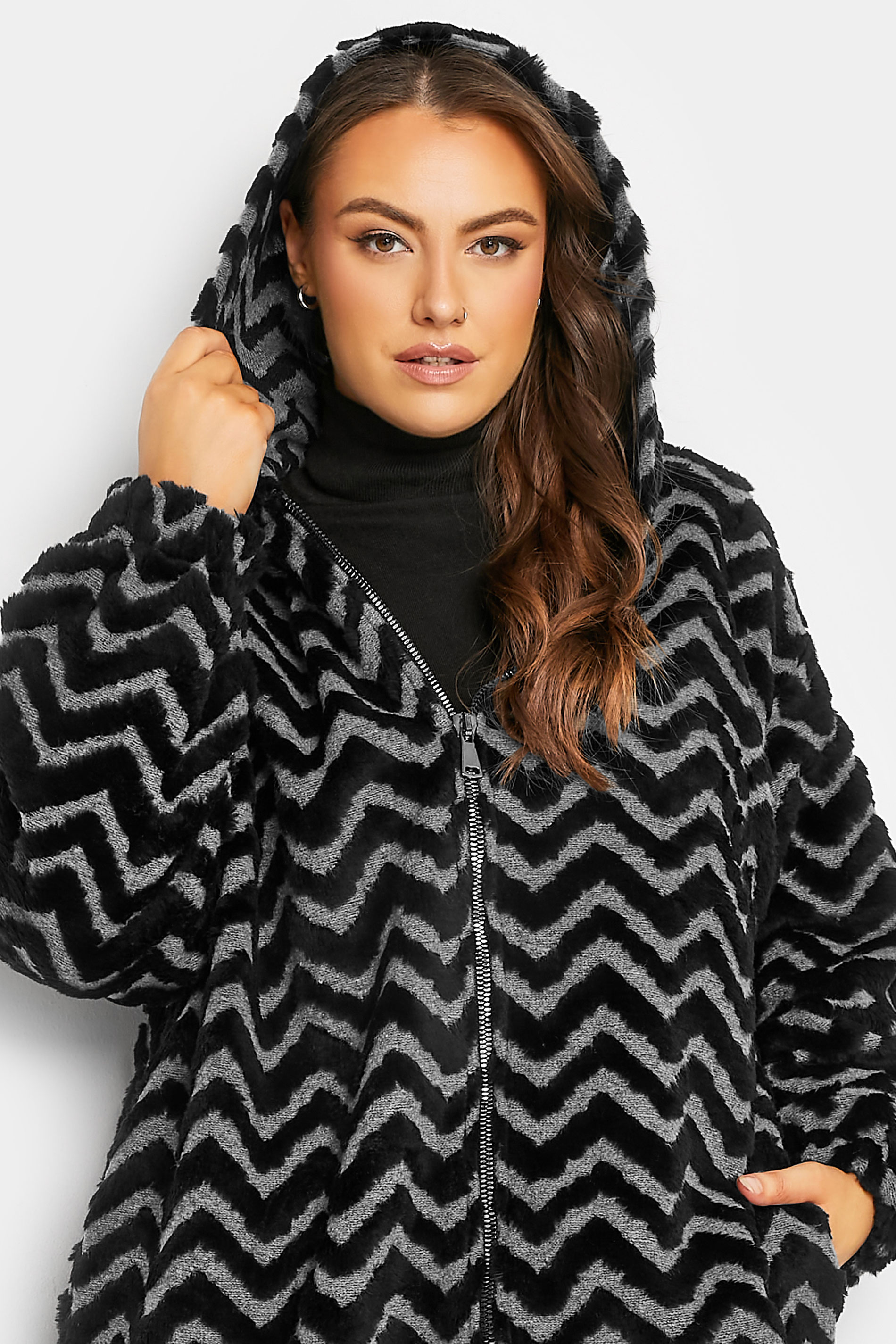 YOURS LUXURY Womens Plus Size Curve Black & Grey Zig Zag Faux Fur Coat | Yours Clothing 1