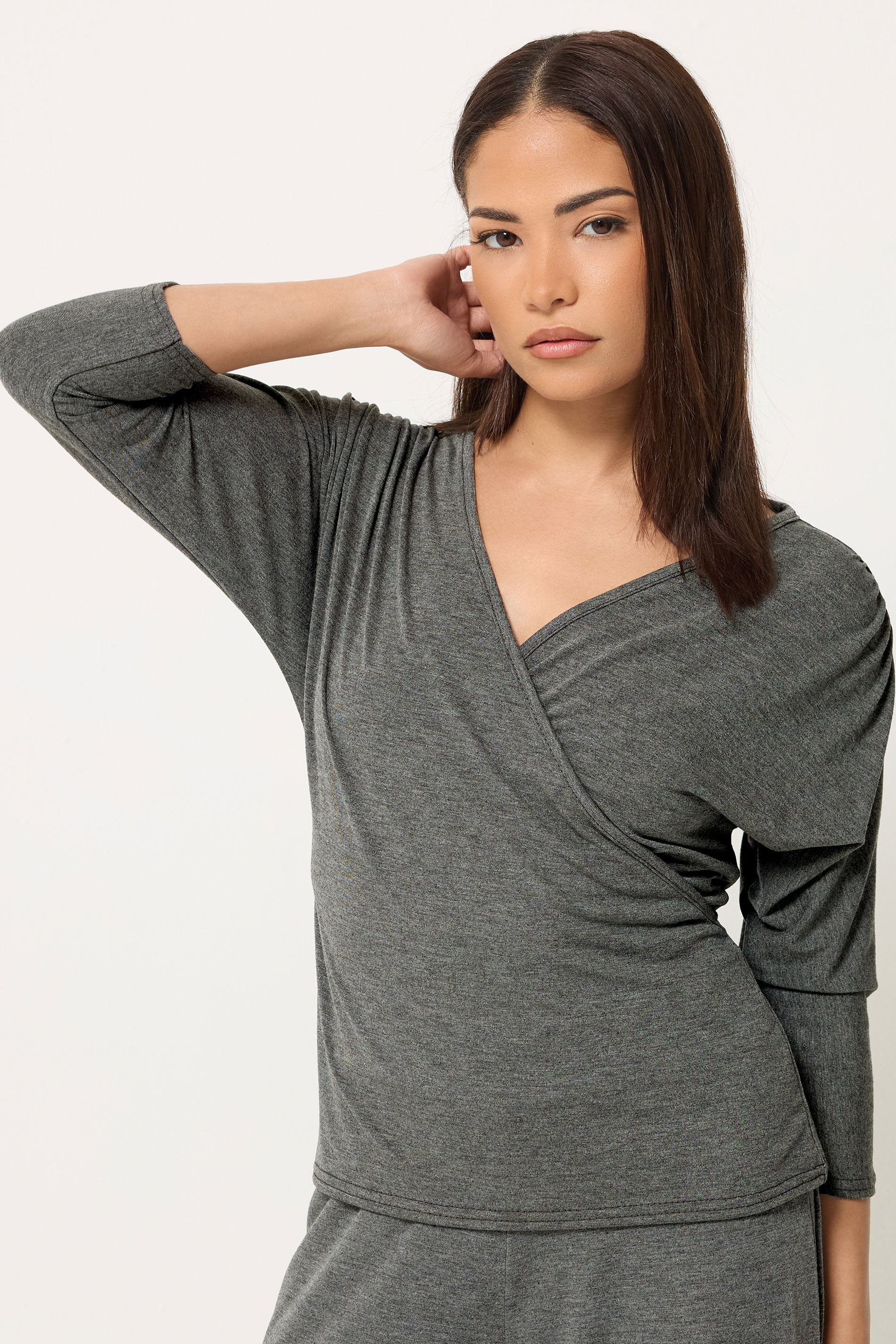 PixieGirl Petite Women's Set Grey Wrap Top & Wide Leg Trousers | PixieGirl 2