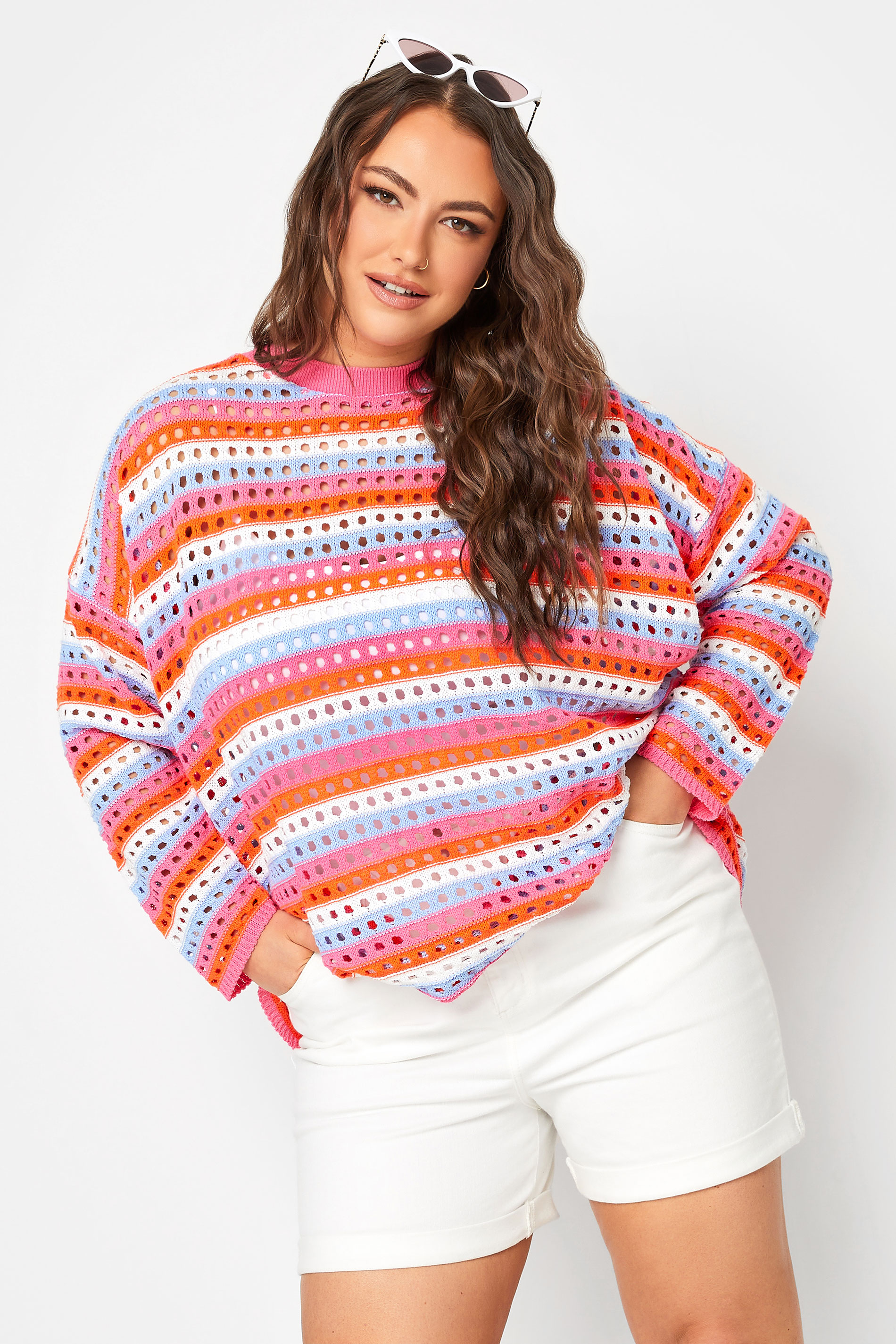 YOURS Plus Size Pink Stripe Crochet Jumper | Yours Clothing