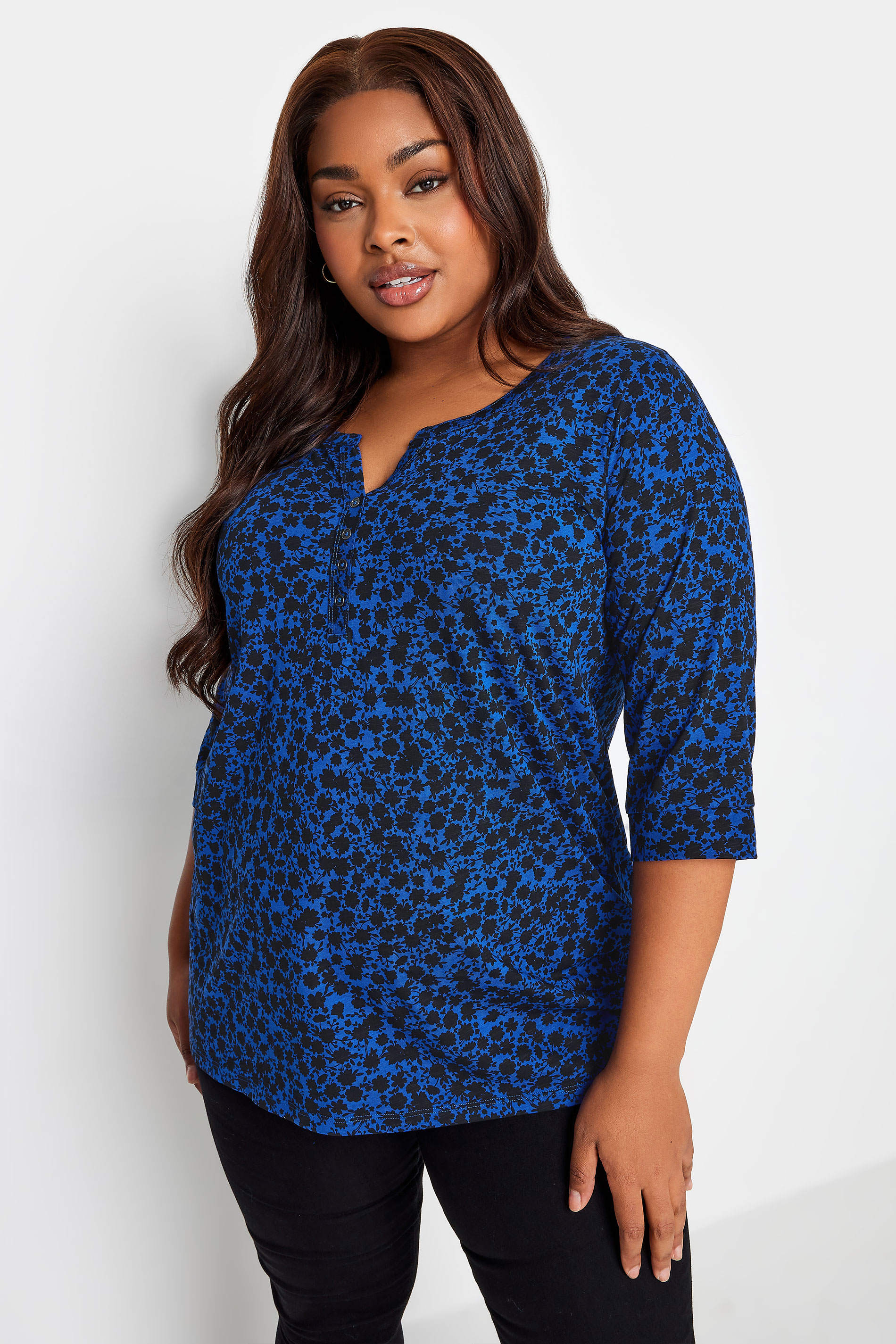YOURS Plus Size Blue Ditsy Floral Pintuck Henley T-Shirt | Yours Clothing  1