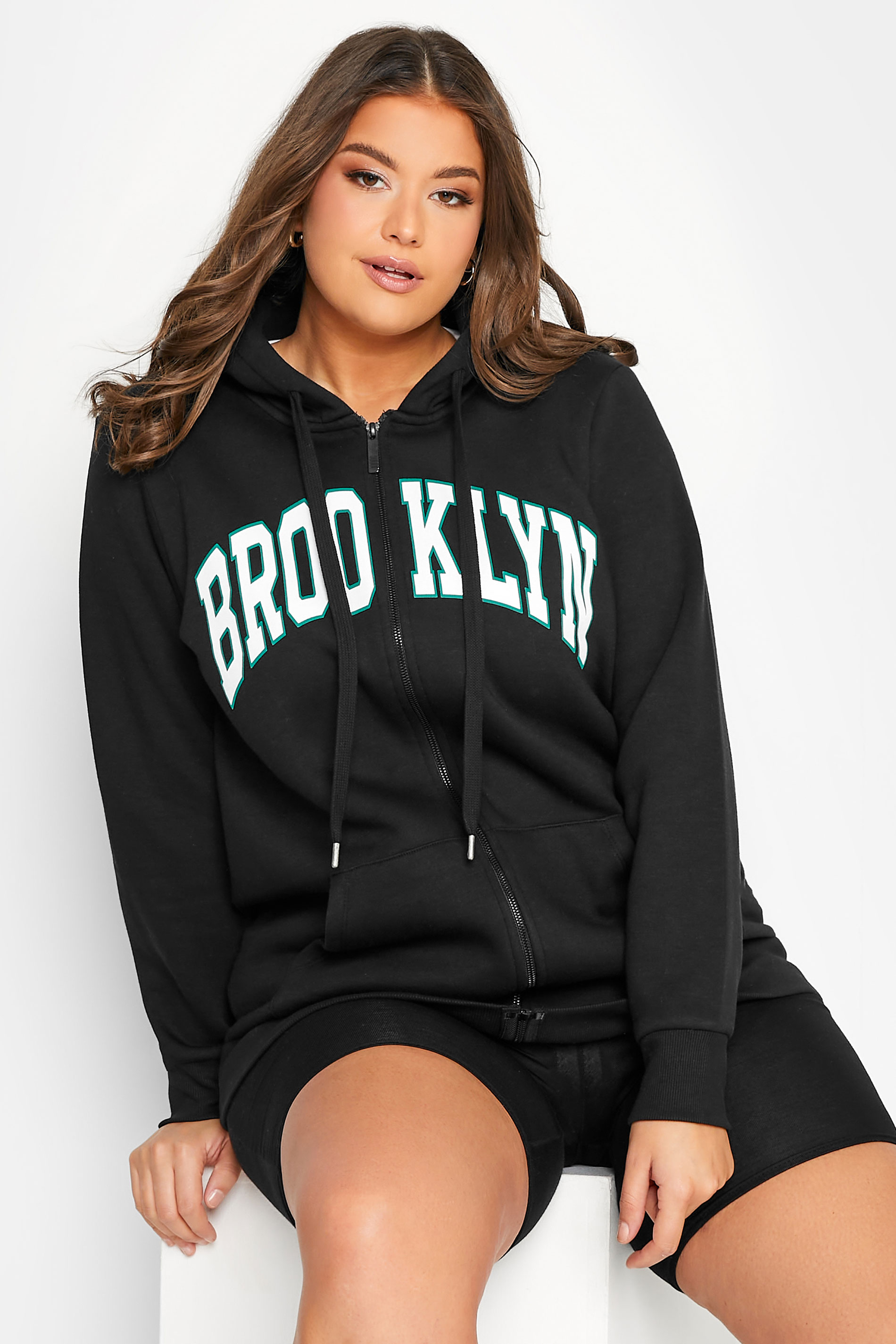 Plus Size Black 'Brooklyn'' Graphic Print Zip Hoodie | Yours Clothing 1