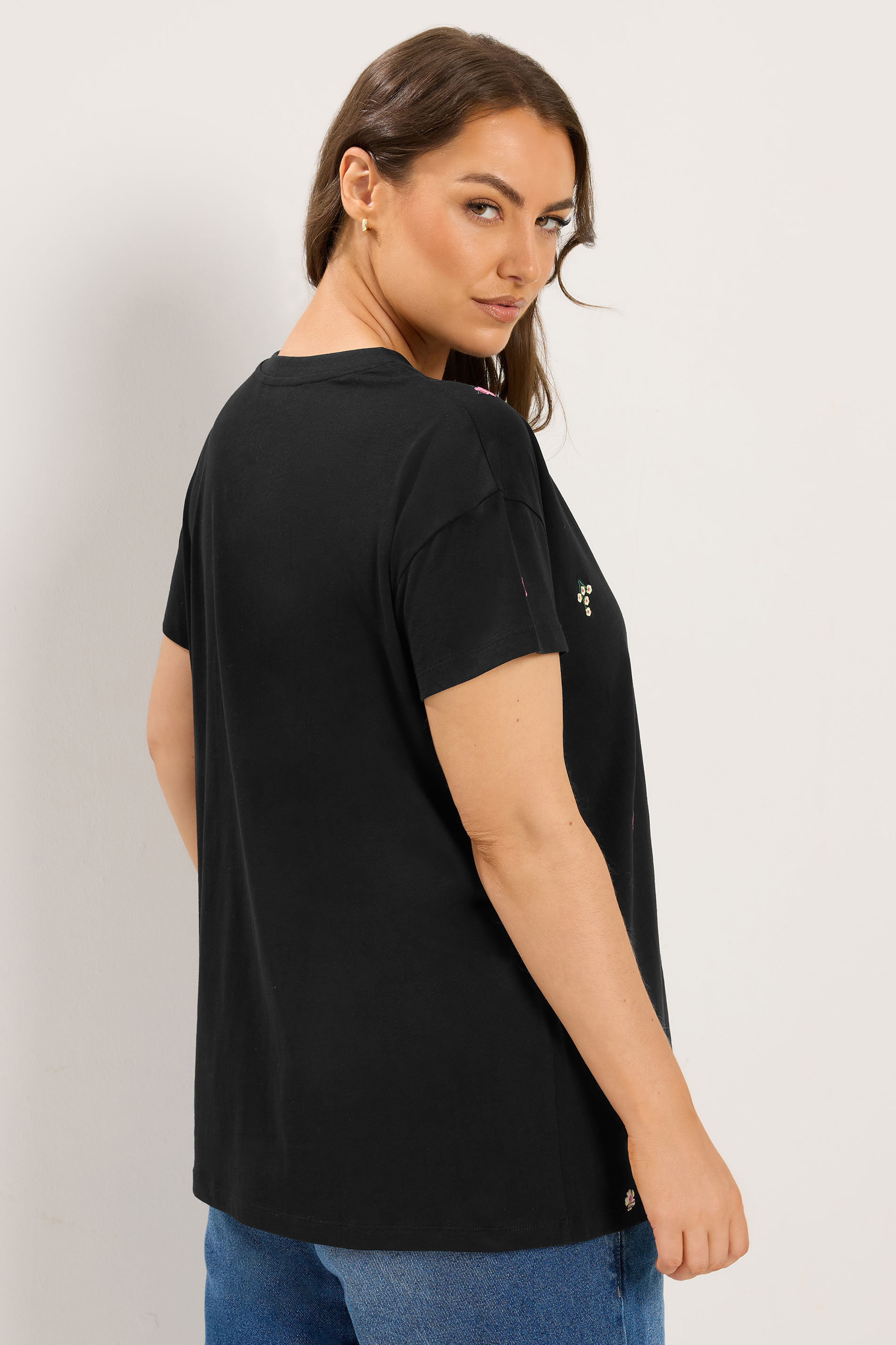 YOURS Plus Size Black Embroidery Blossom T-Shirt | Yours Clothing 2