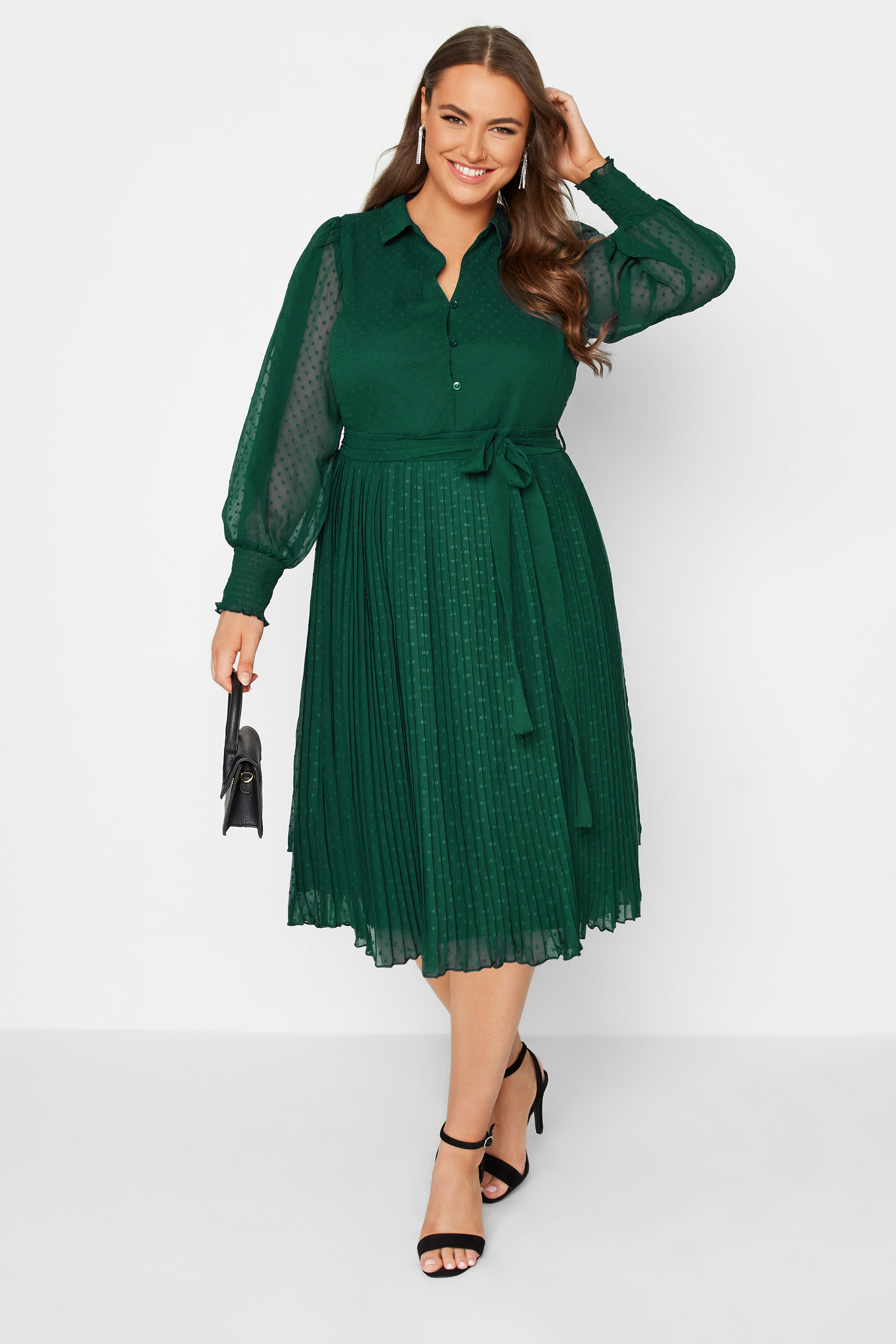 YOURS LONDON Curve Forest Green Dobby Pleat Shirt Midi Dress 1