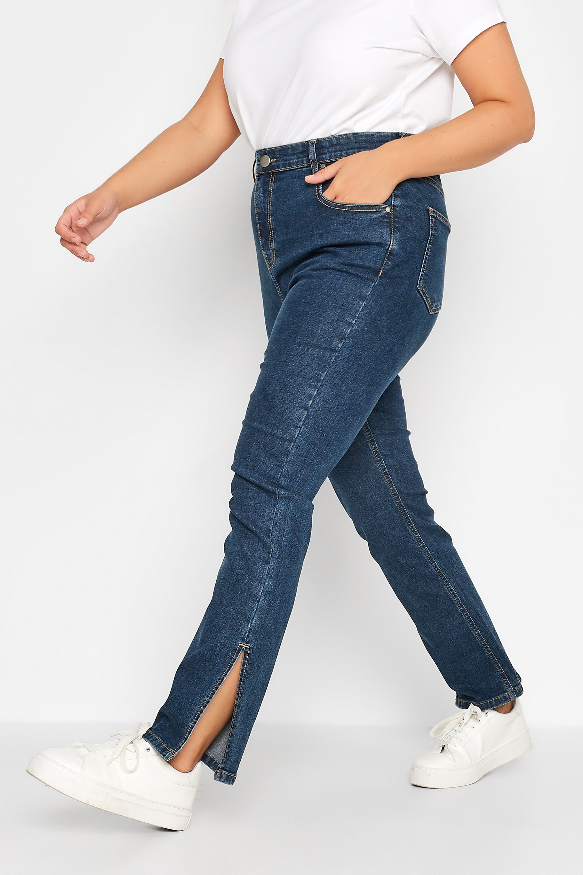 Plus Size Blue Side Split Straight Leg Jeans | Yours Clothing 1
