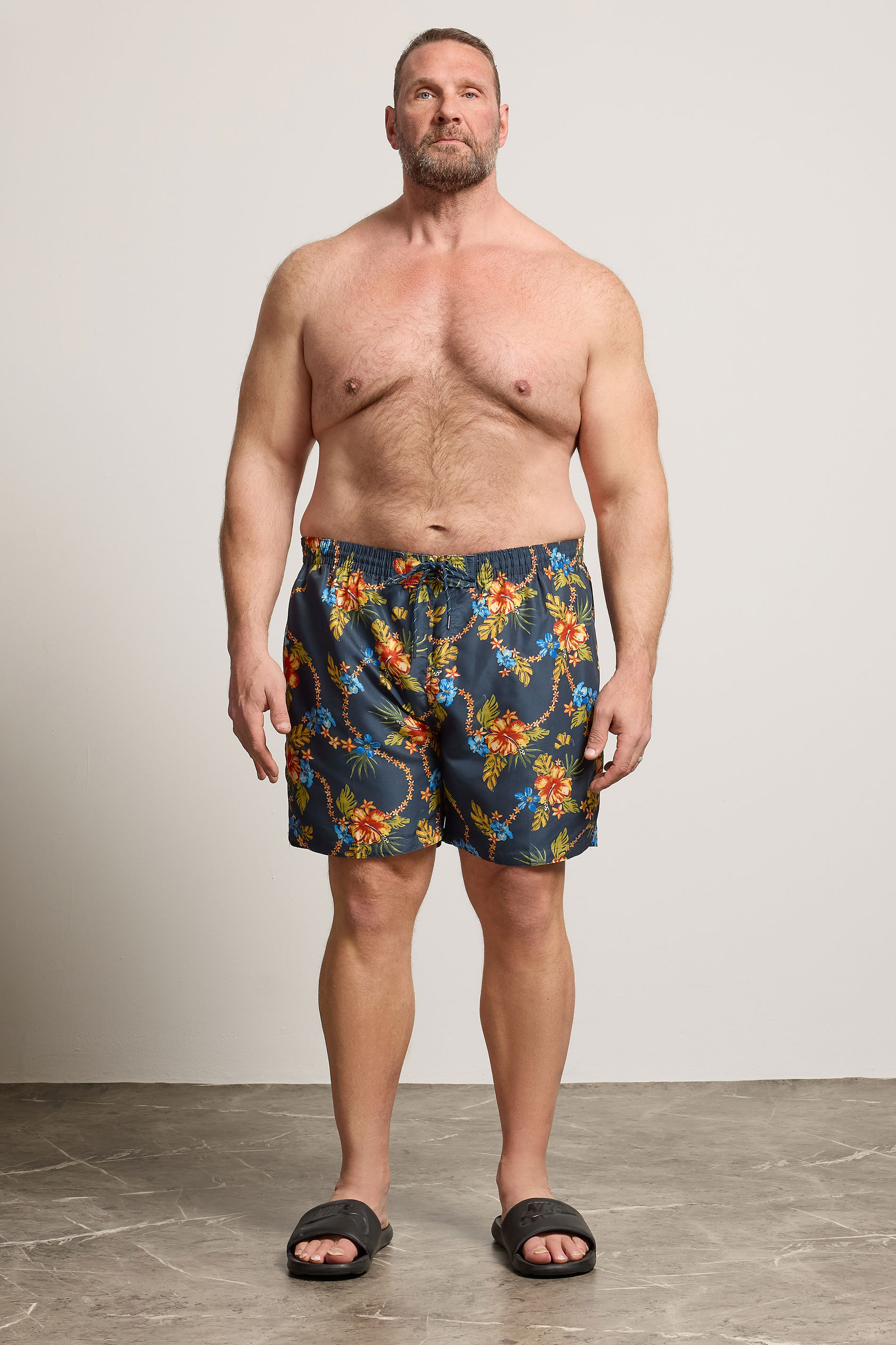 D555 Big & Tall Navy Blue Hawaiian Swim Shorts | BadRhino 1