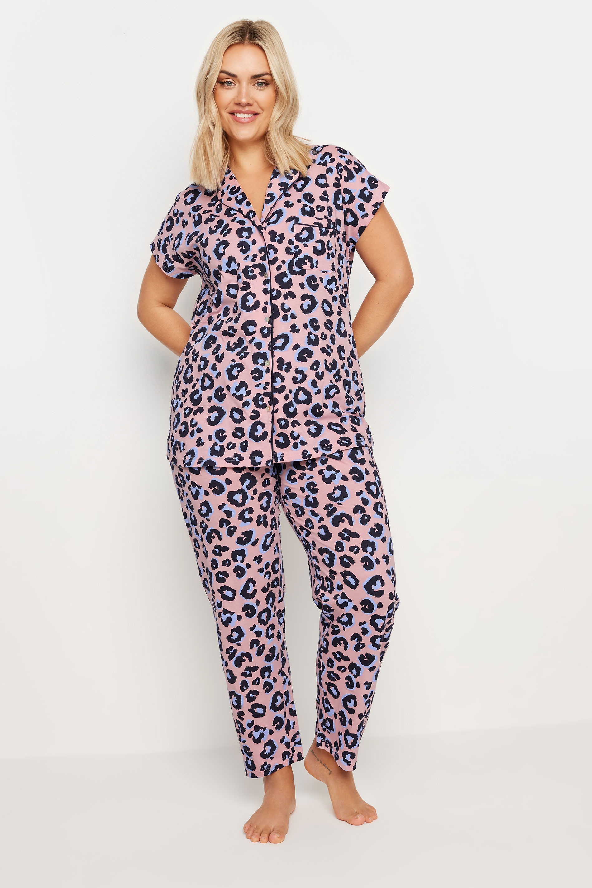 YOURS Plus Size Pink Leopard Print Button Through Pyjama Set | Yours Clothing 2