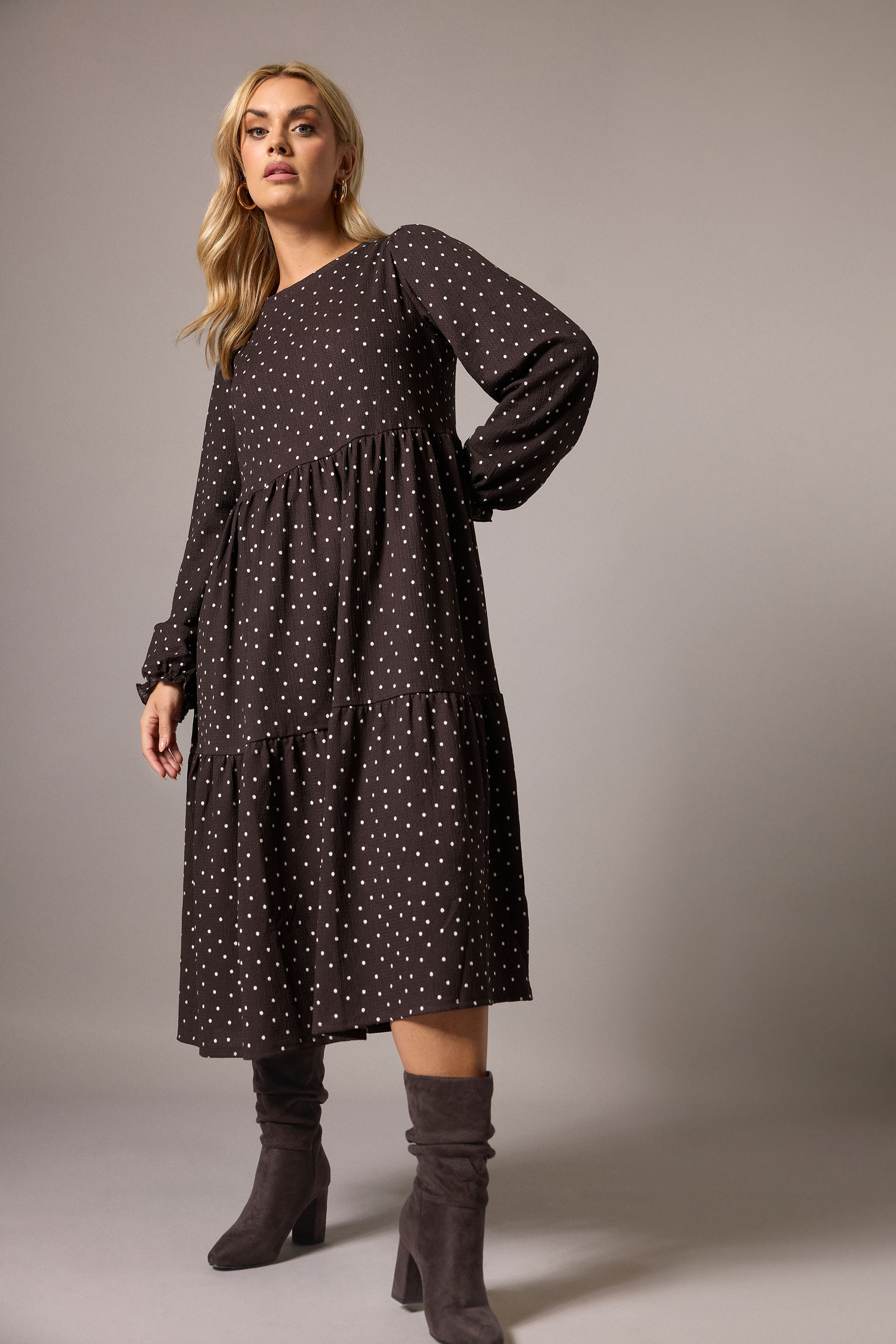 YOURS Plus Size Chocolate Brown Polka Dot Textured Midi Dress | Yours Clothing 3