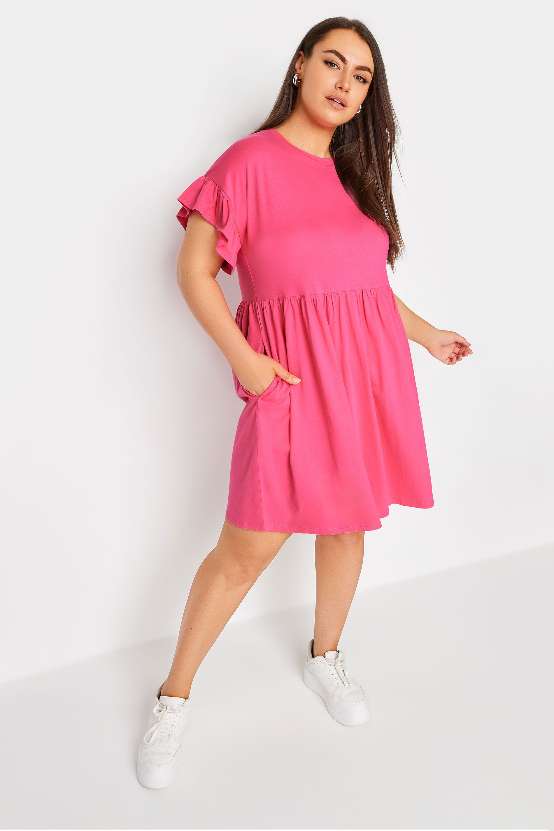 YOURS Plus Size Pink Frill Sleeve Smock Tunic Dress | Yours Clothing 2