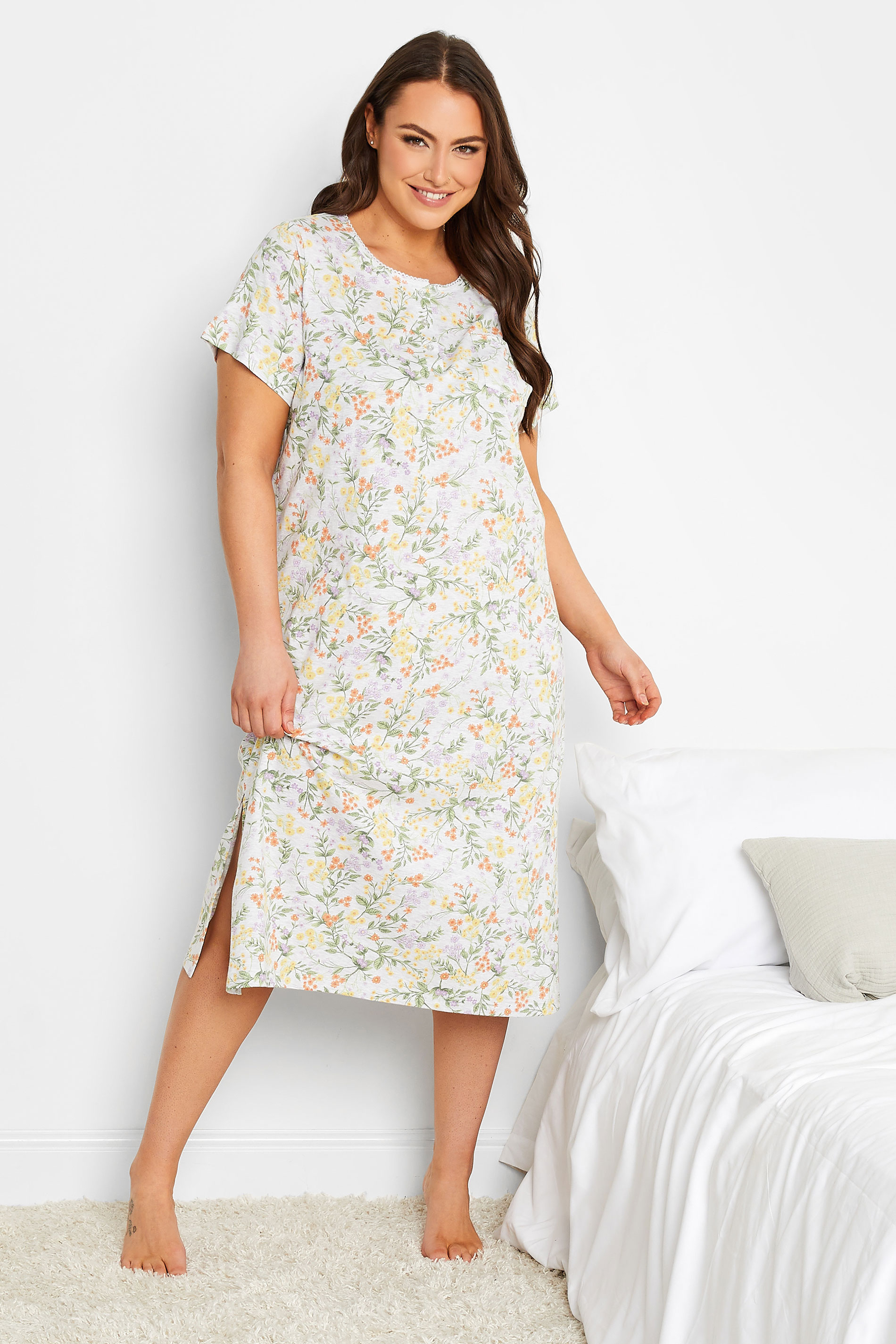 YOURS Plus Size Grey Floral Print Placket Midaxi Nightdress | Yours Clothing 1