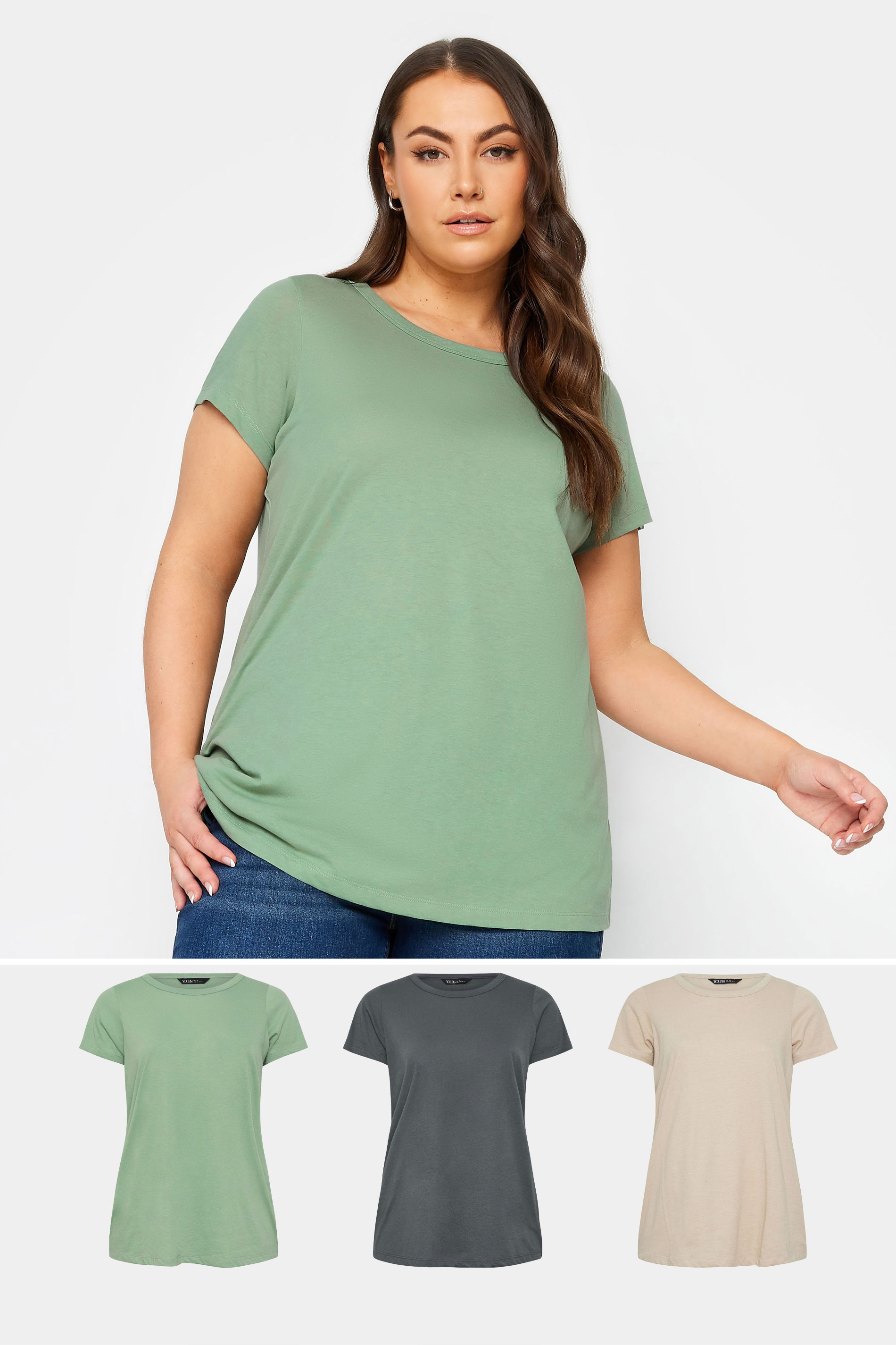 3 PACK Curve Green & Grey Essential T-Shirts | Yours Clothing 1