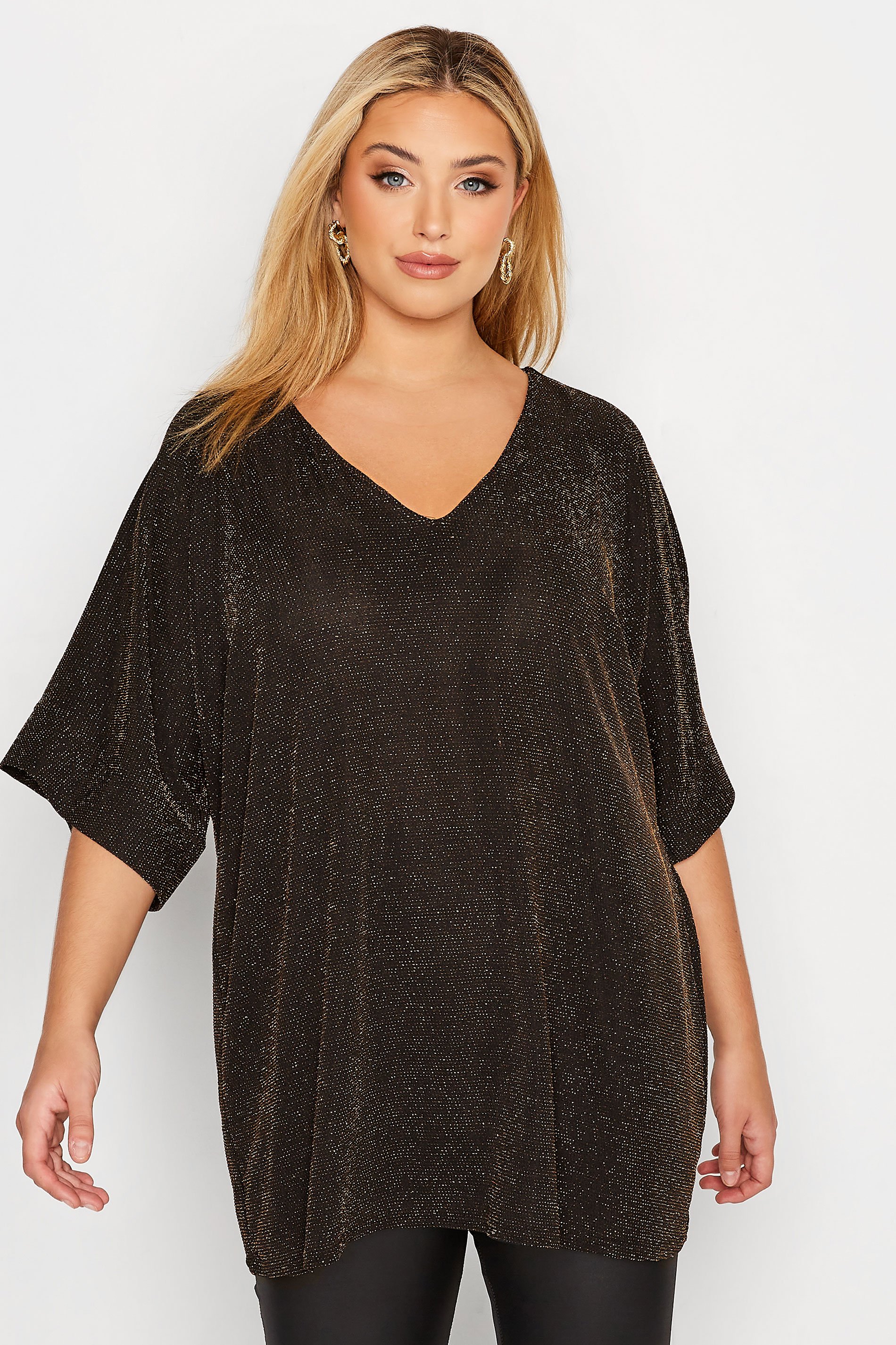 Curve Plus Size Gold Glitter V-Neck Top | Yours Clothing  1