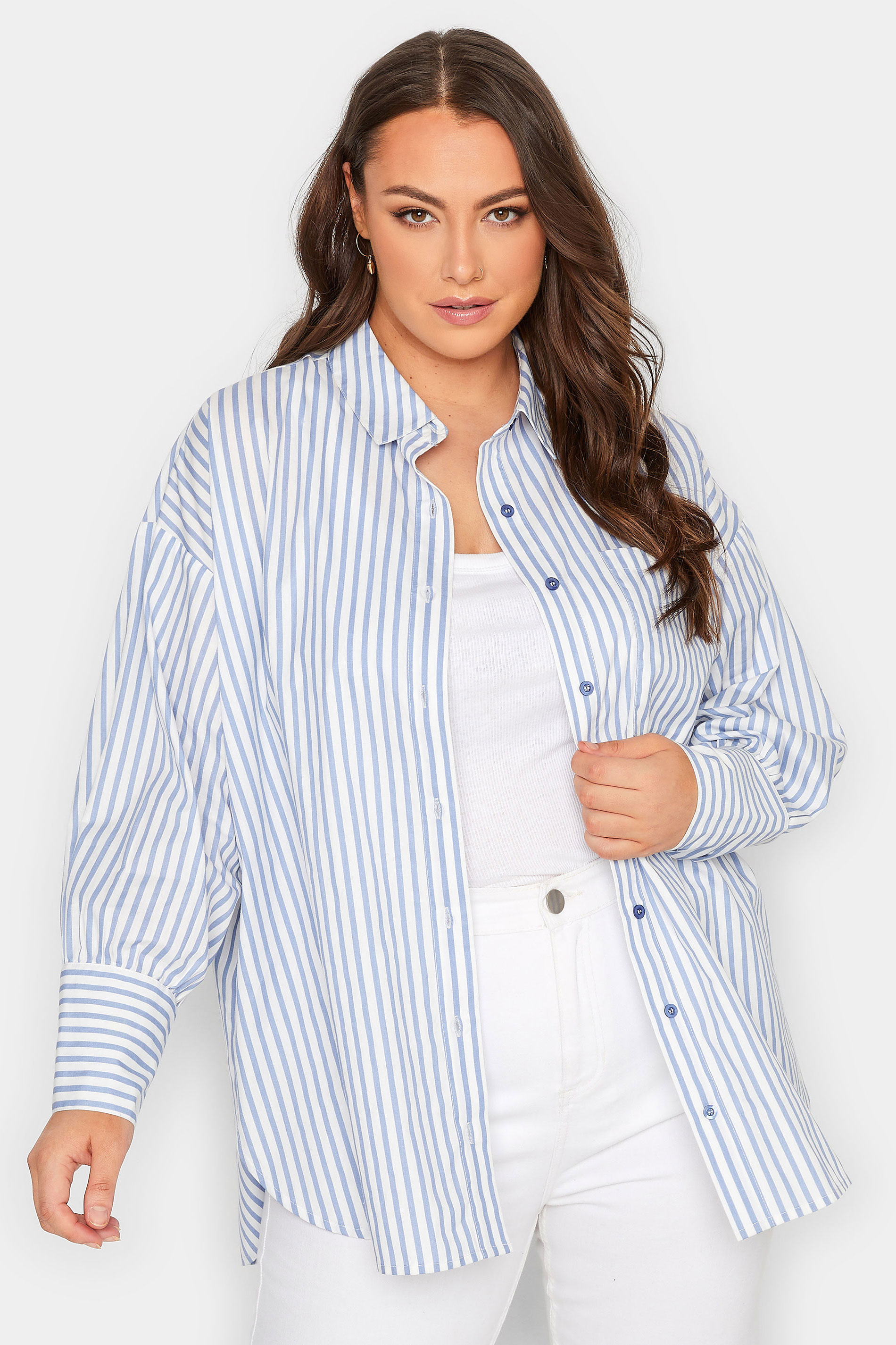 YOURS Plus Size Blue & White Stripe Oversized Shirt | Yours Clothing  1