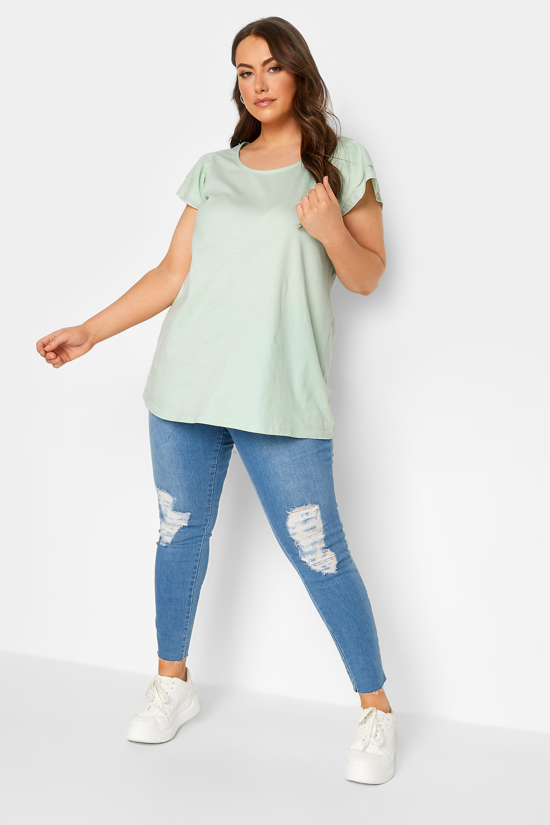 YOURS Plus Size Mint Green Frill Sleeve T-Shirt | Yours Clothing 3