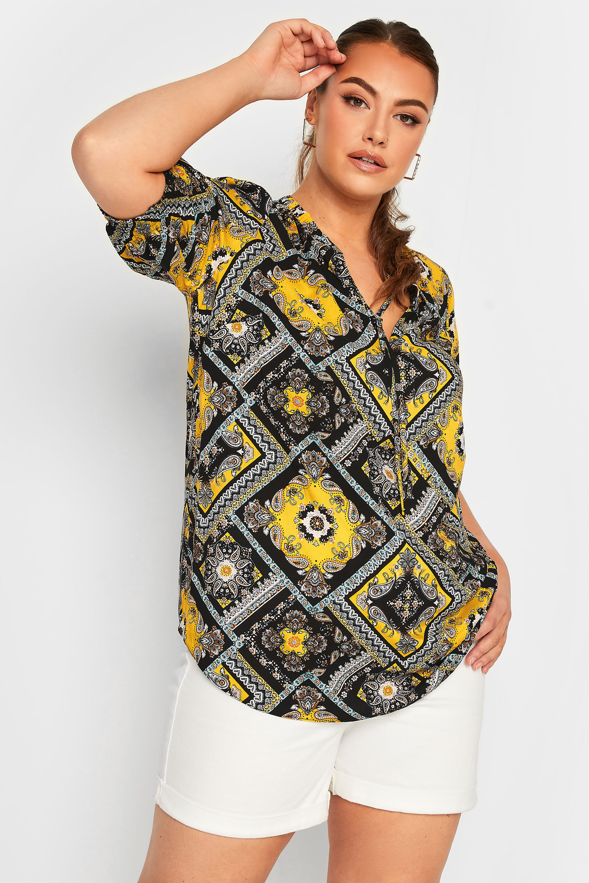 YOURS Plus Size Yellow & Black Paisley Tie Neck Blouse | Yours Clothing 1