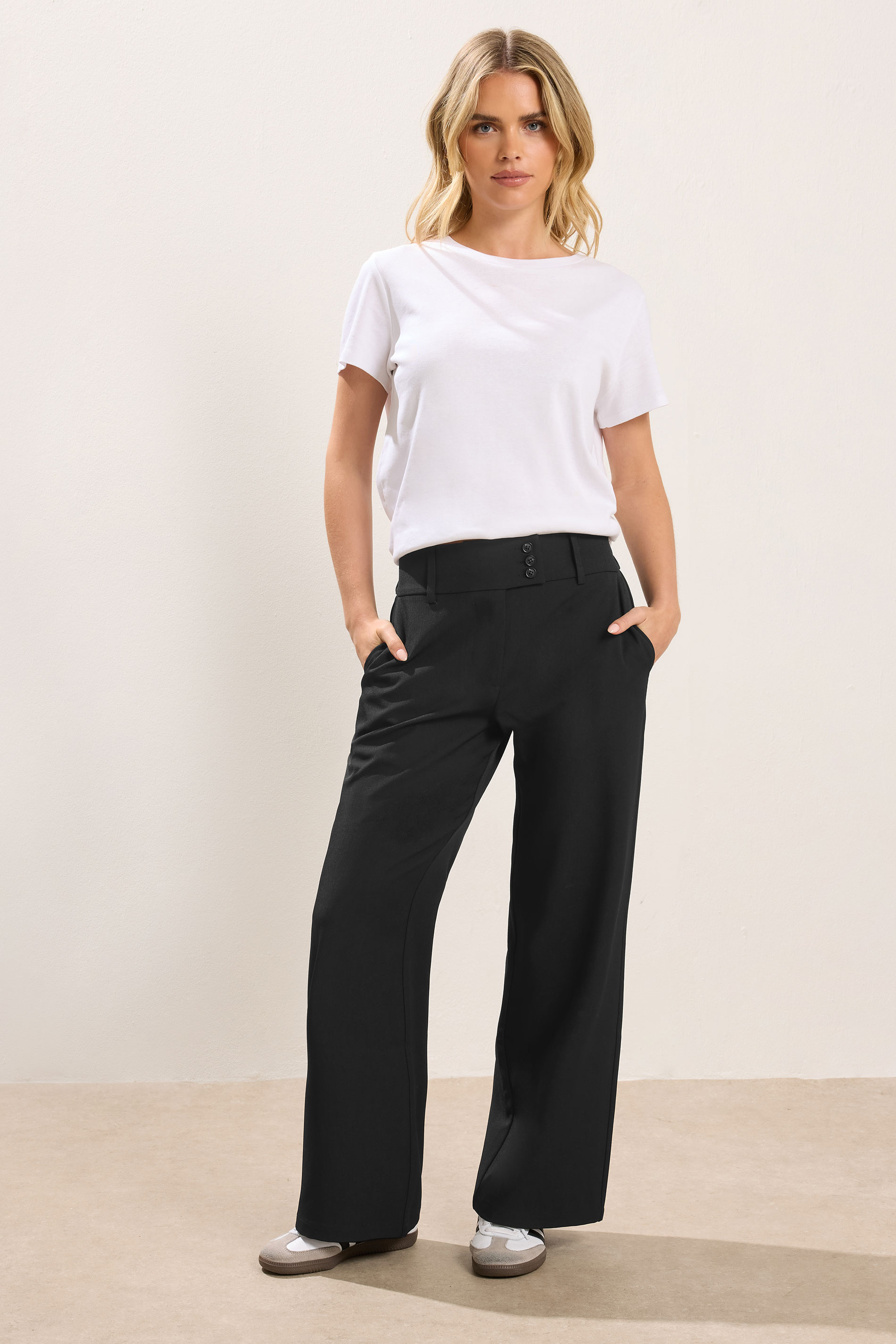 PixieGirl Petite Women's Black Button Tab Detail Wide Leg Trousers | PixieGirl 3