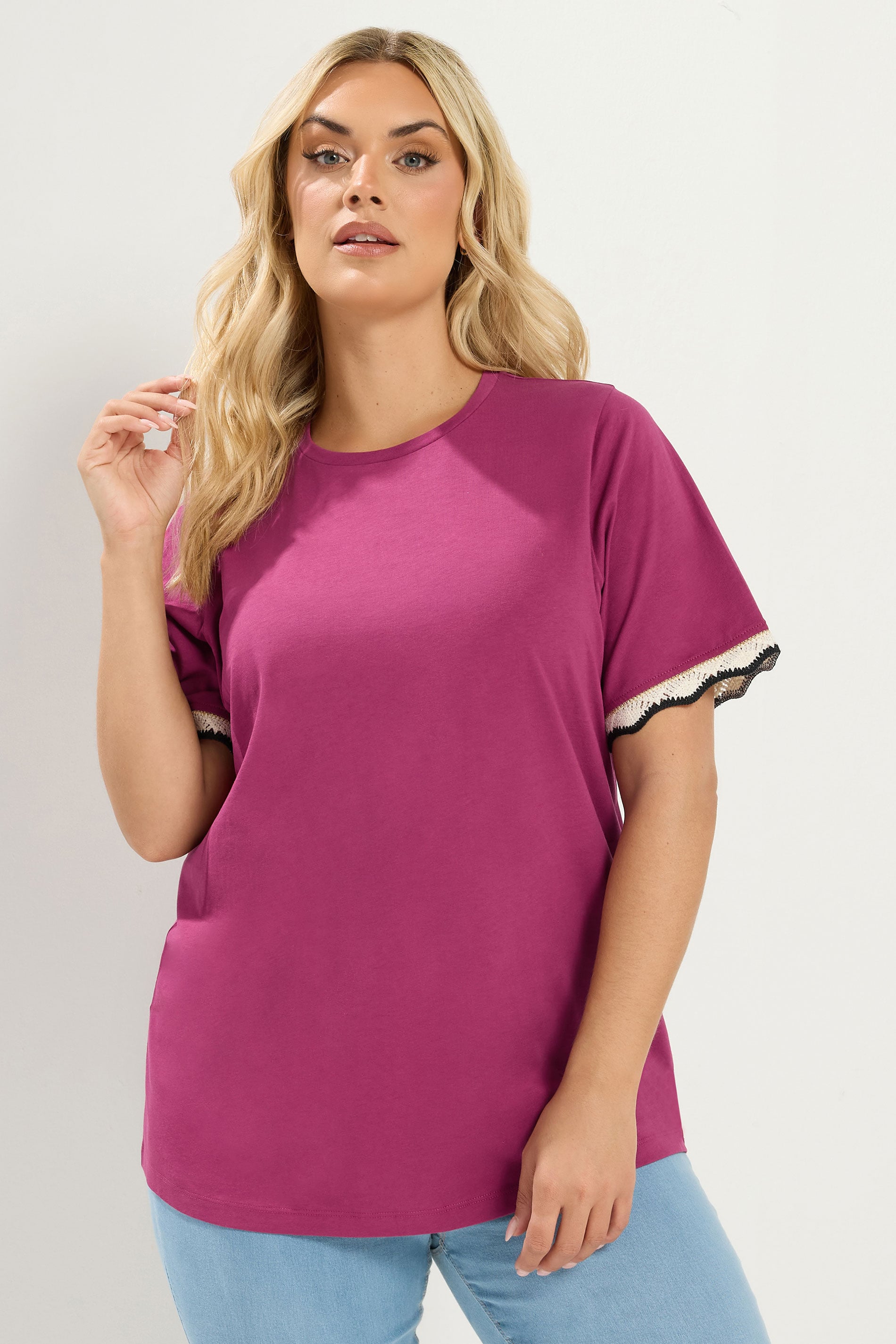 YOURS Plus Size Dark Pink Metallic Crochet Trim T-Shirt | Yours Clothing  3