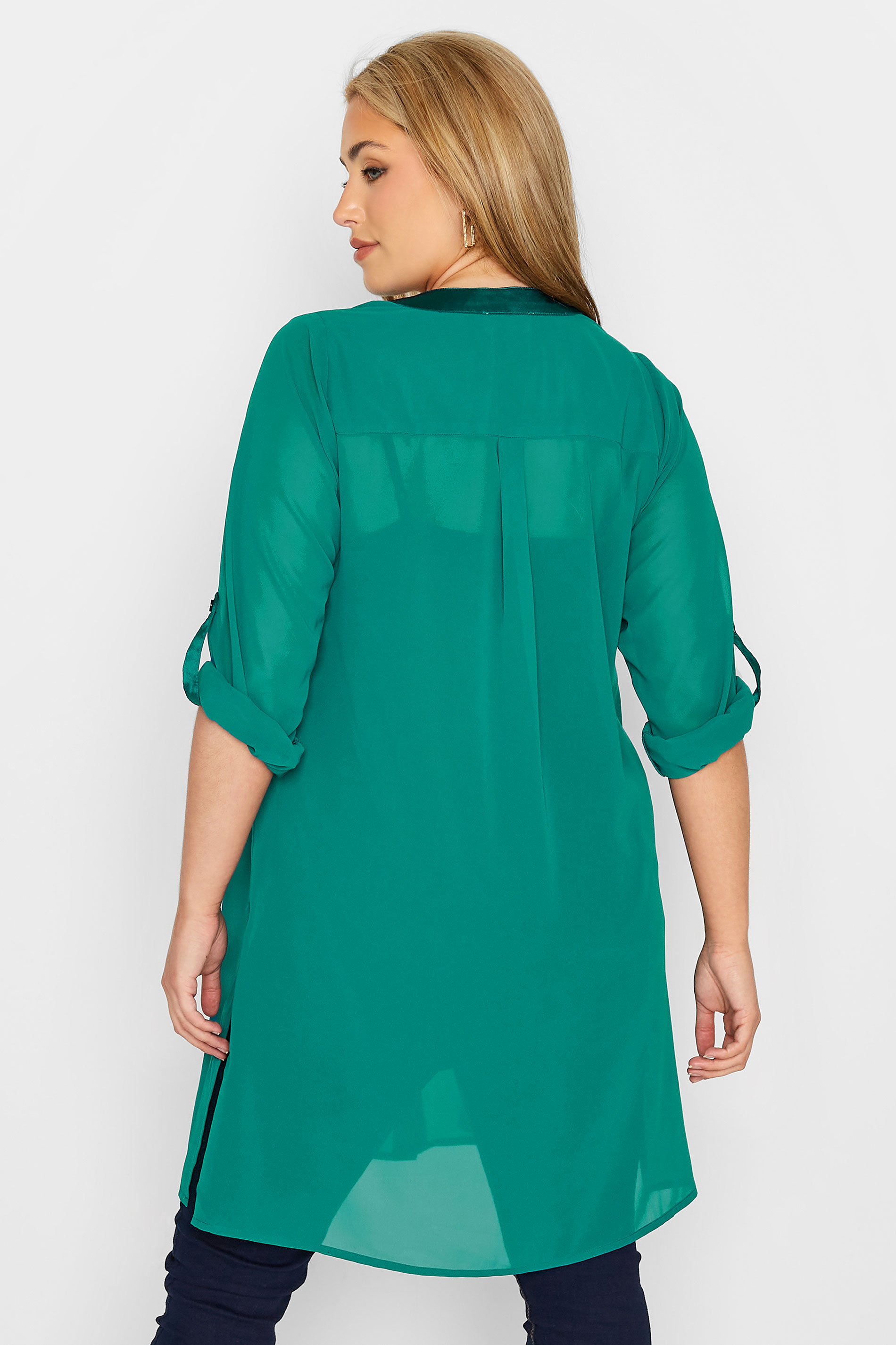 YOURS LONDON Plus Size Green Satin Pocket Shirt | Yours Clothing 3