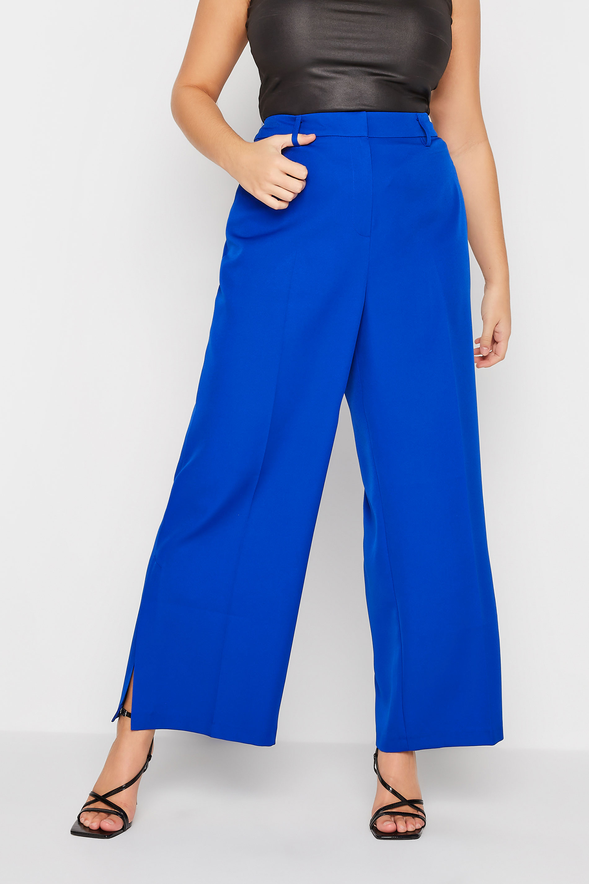 Plus Size Cobalt Blue Split Hem Flared Trousers | Yours Clothing 1