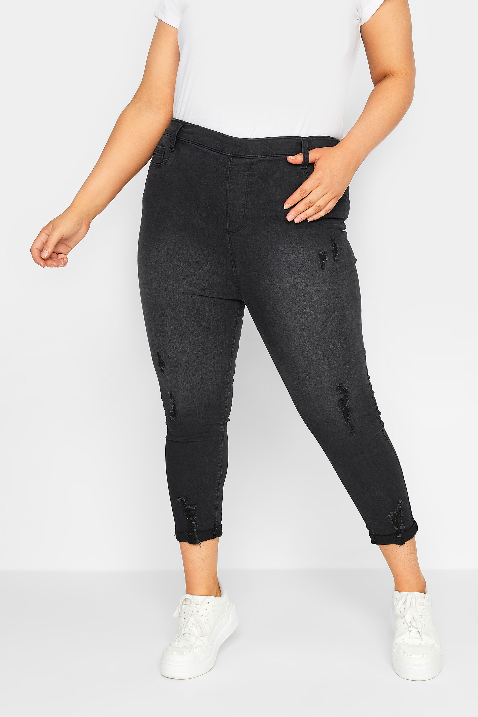 YOURS Plus Size Washed Black Cropped Stretch Ripped GRACE Jeggings | Yours Clothing 1