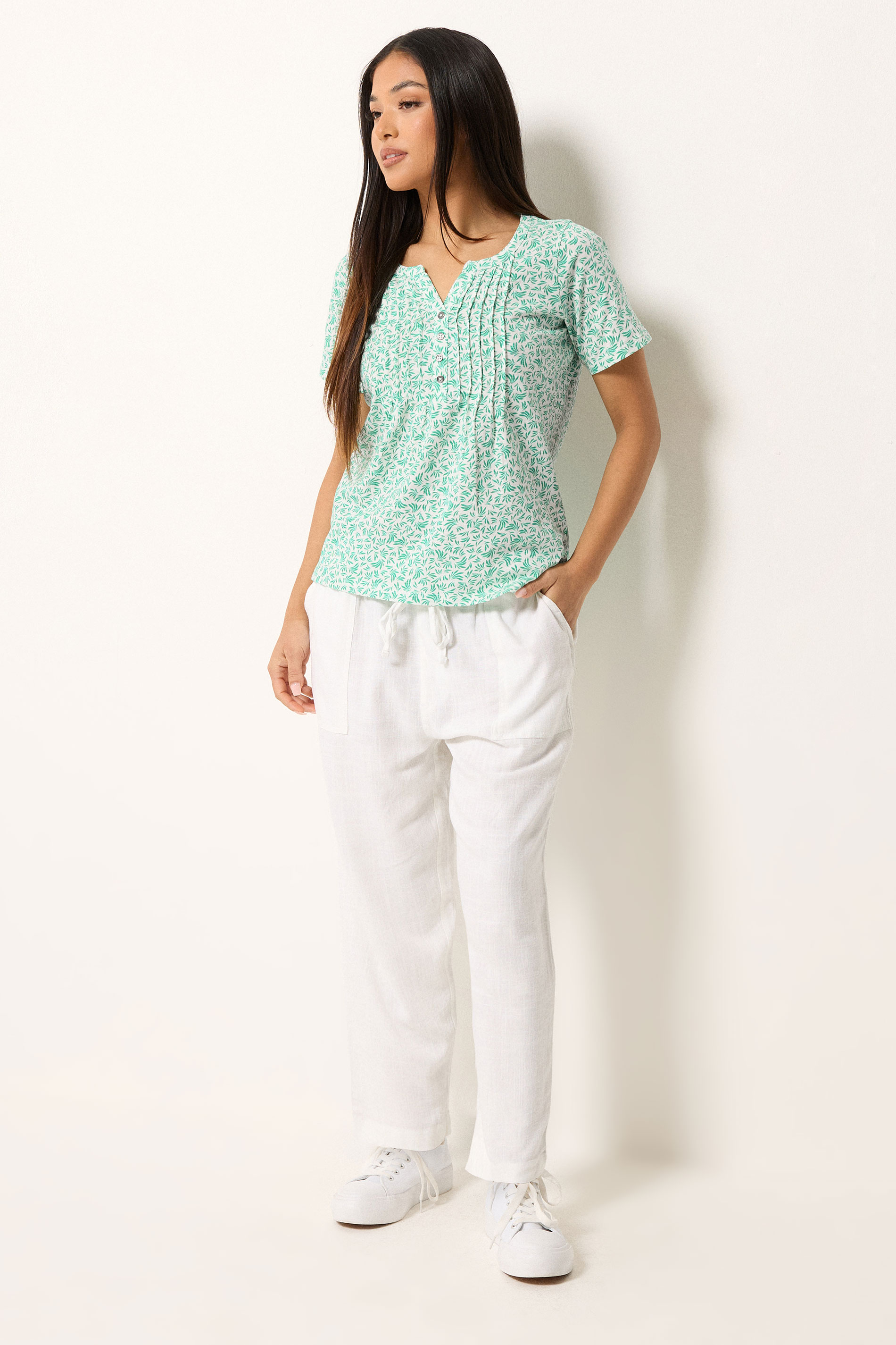 M&Co Petite White & Green Leaf Print Cotton Henley Top | M&Co 1
