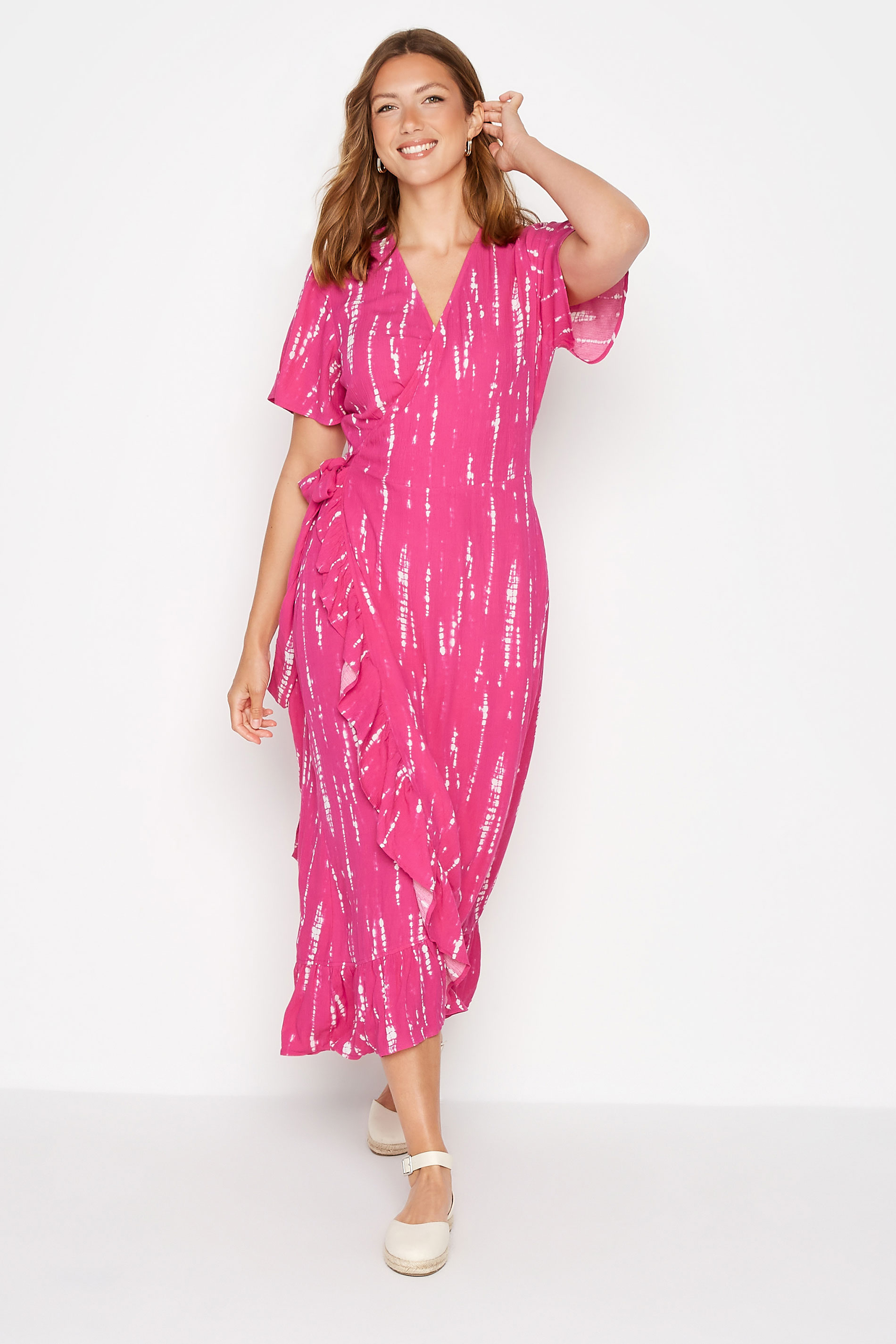 LTS Tall Pink Tie Dye Ruffle Wrap Maxi Dress 1