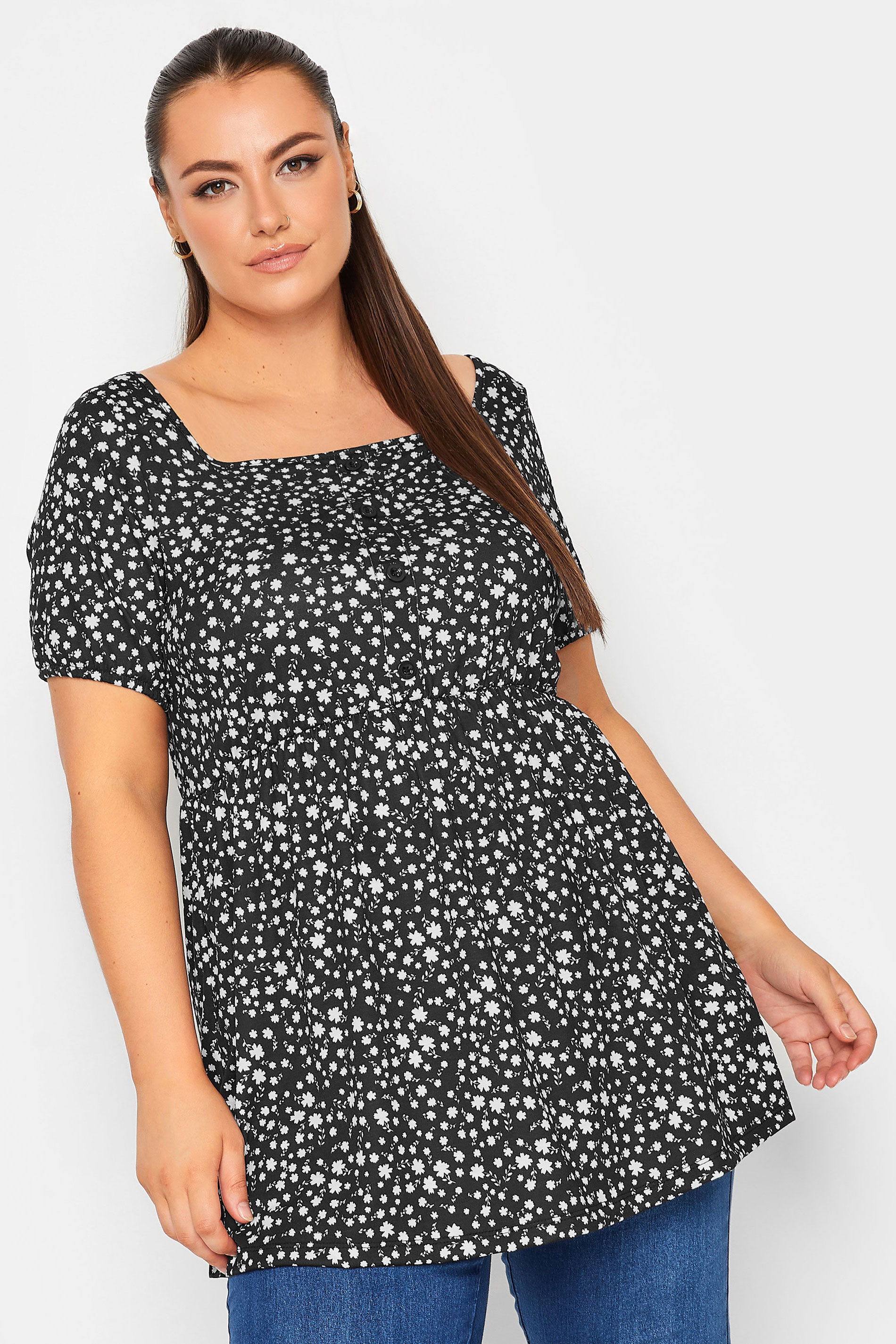 YOURS Plus Size Black Floral Print Square Neck Top | Yours Clothing 1