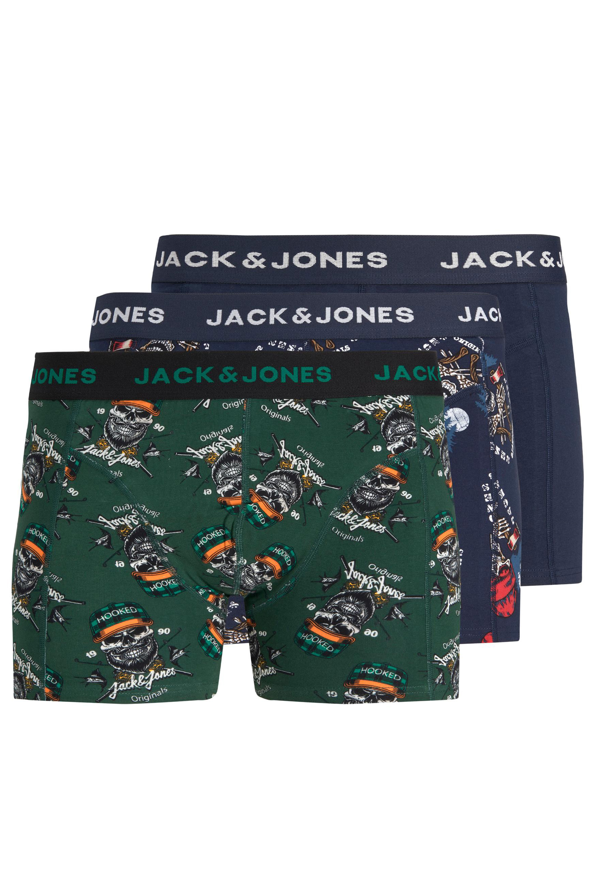 JACK & JONES Big & Tall 3 PACK Navy Blue & Green Skull Print Boxers | BadRhino 1