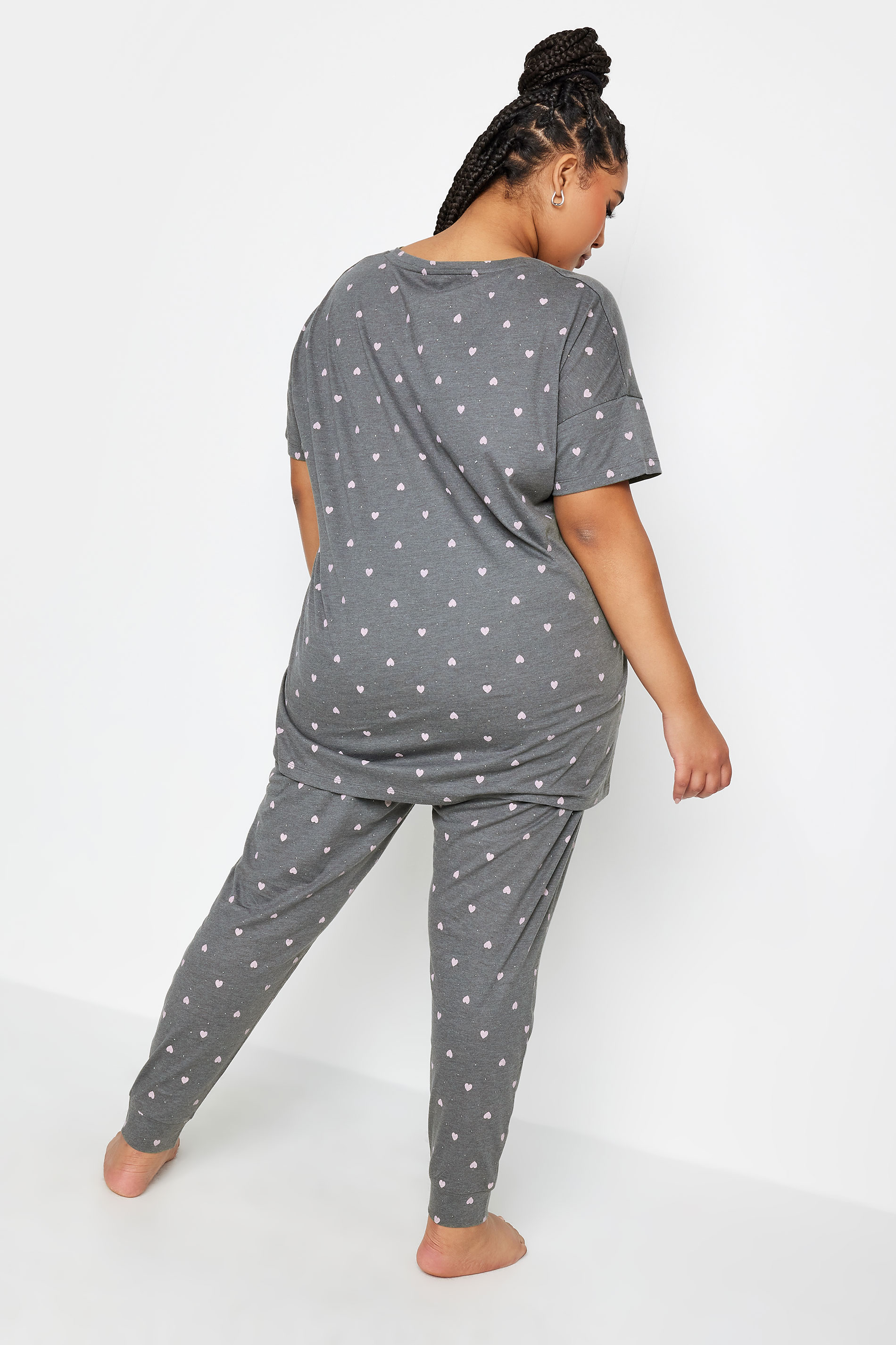 YOURS Plus Size Grey Mini Heart Print Pyjama Set | Yours Clothing 3