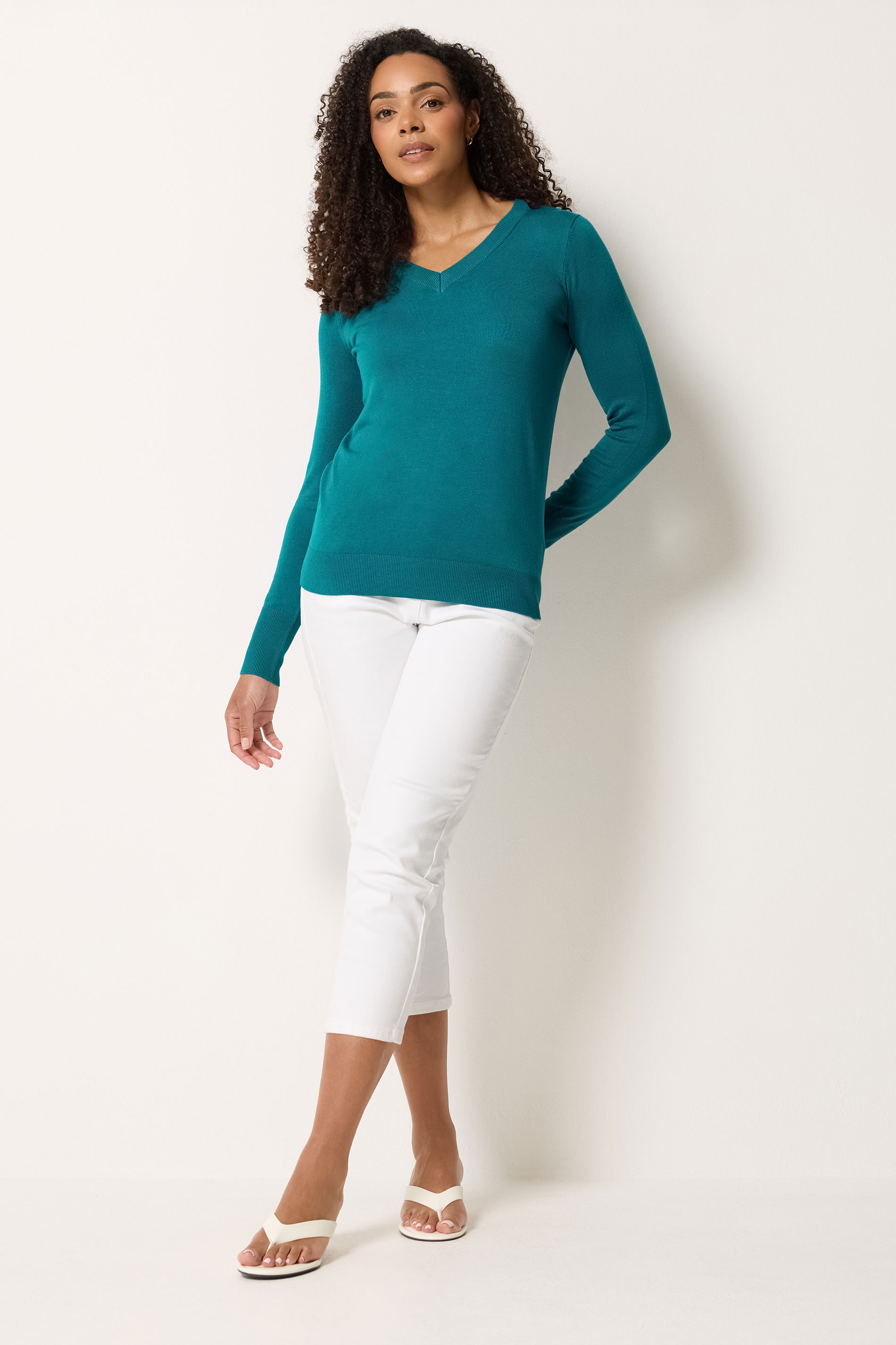 M&Co Teal Blue V-Neck Long Sleeve Jumper | M&Co 1