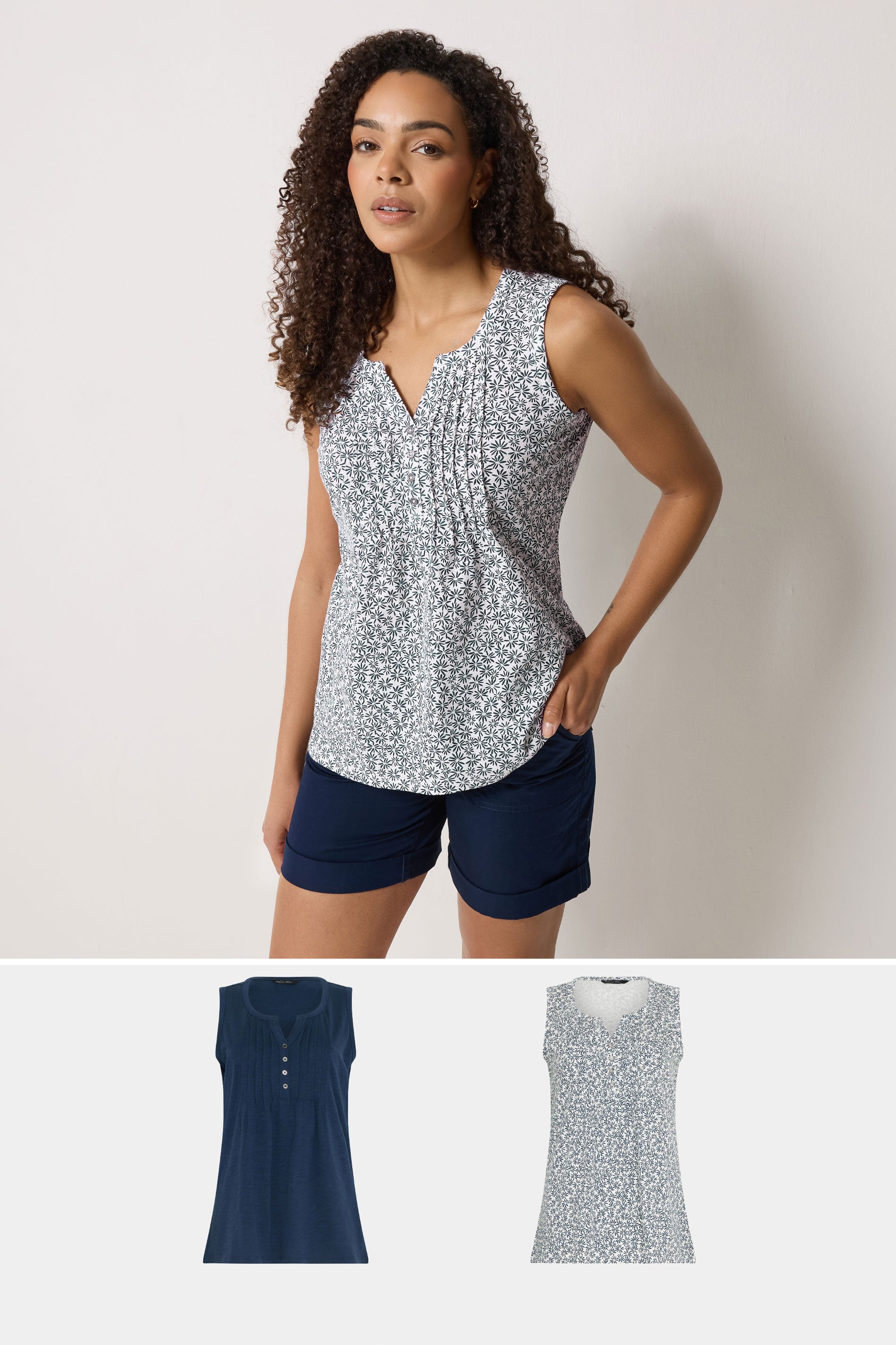 M&Co 2 PACK Navy Blue Floral Cotton Sleeveless Henley Tops | M&Co 3