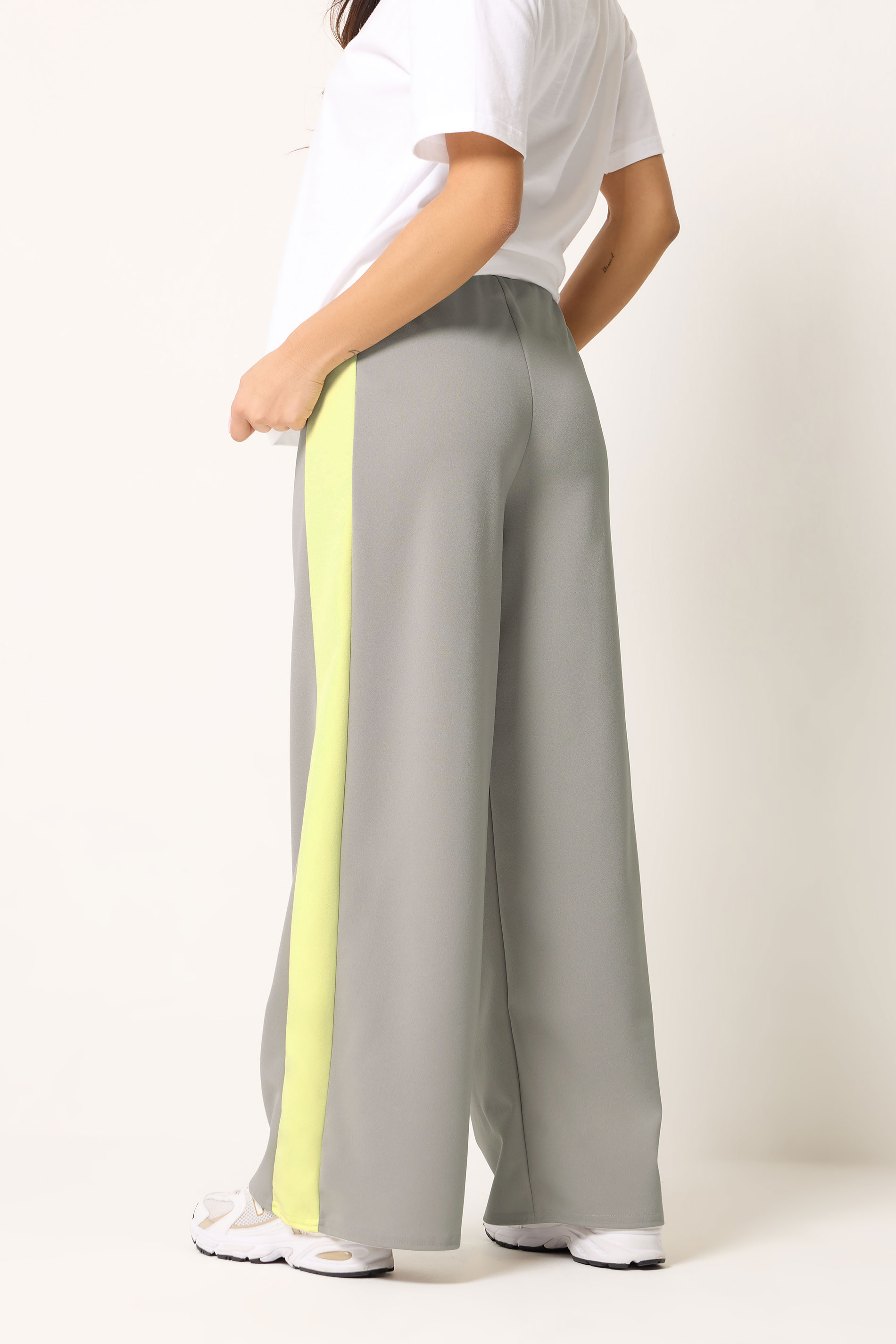 PixieGirl Petite Women's Grey Side Stripe Scuba Wide Leg Trousers | PixieGirl 2