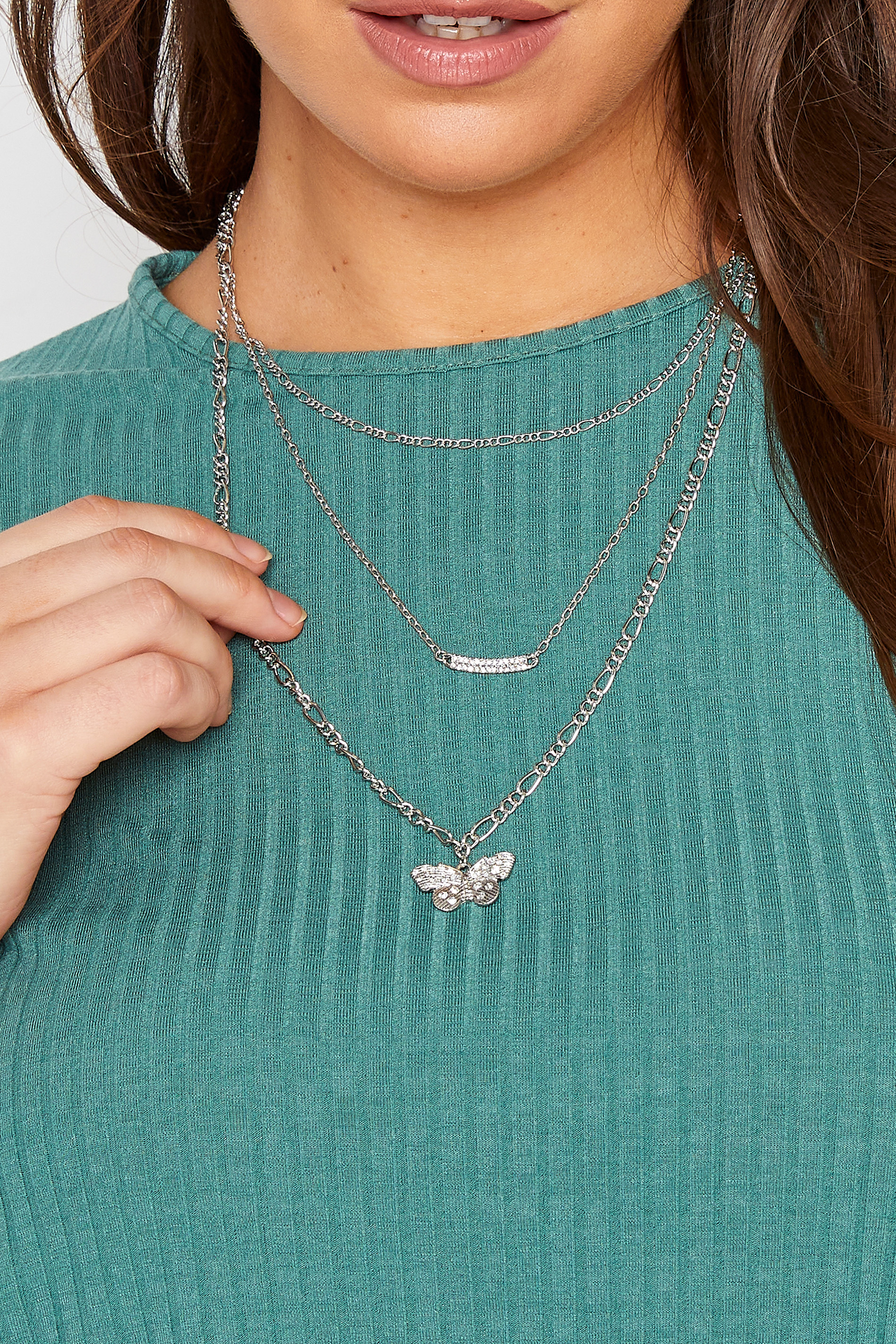 Silver Tone Butterfly Triple Layer Necklace | Yours Clothing 1
